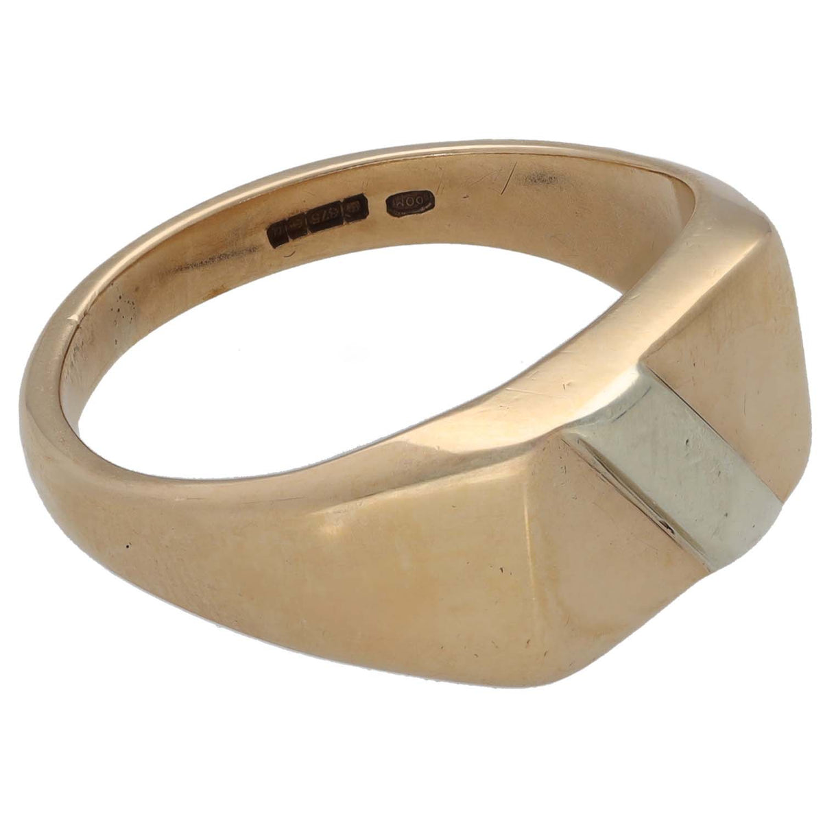 Bicolour 9ct gold signet ring, smooth yellow band with diagonal white gold panel