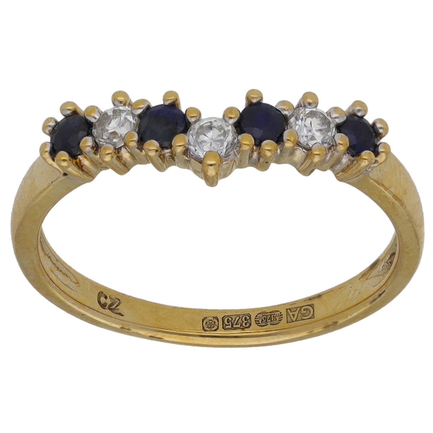 9ct Gold Sapphire & Cubic Zirconia Wishbone Ring Size K