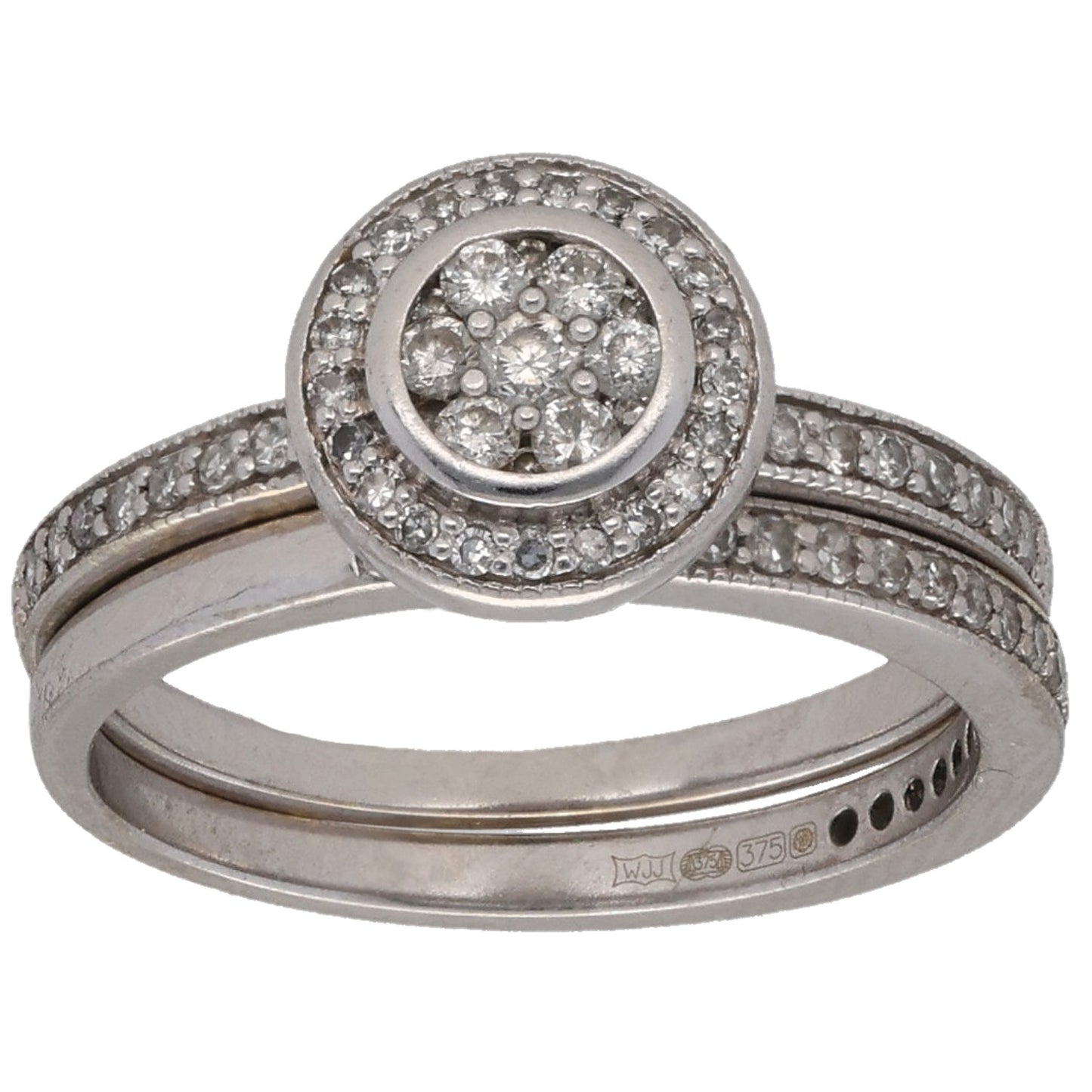 9ct White Gold 0.69ct Diamond Halo & Half Eternity Ring Set Size N