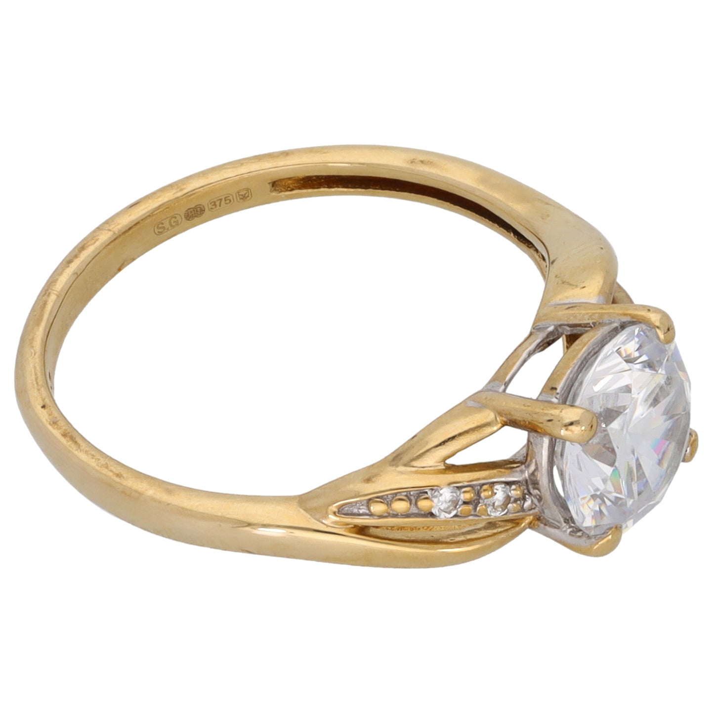 9ct Gold Cubic Zirconia Single Stone Ring with Accent Stones Size K