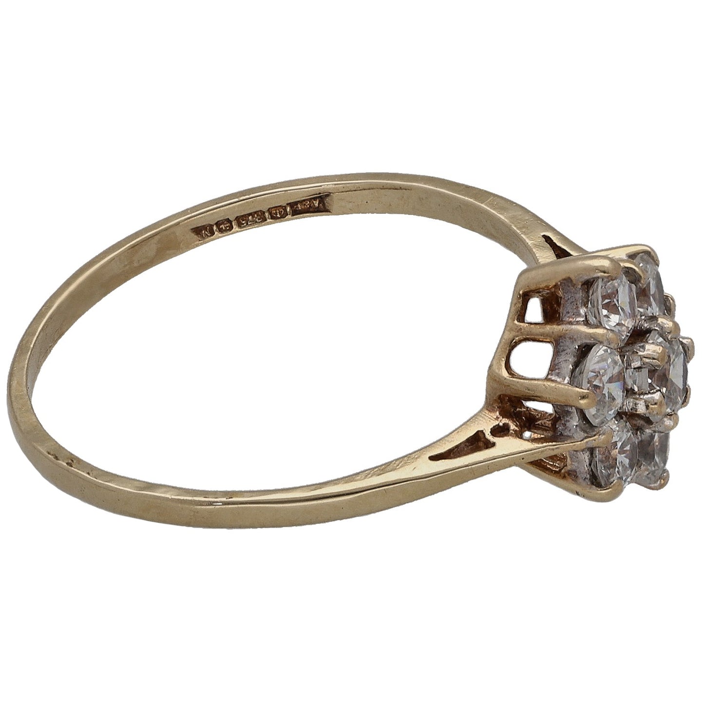 9ct gold CZ cluster ring with openwork sides and prong-set round center stone.