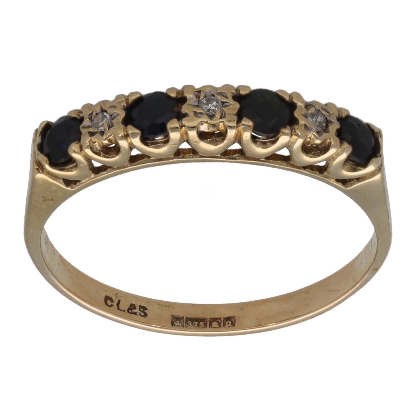 9ct Gold Sapphire & 0.03ct Diamond Half Eternity Ring Size Q