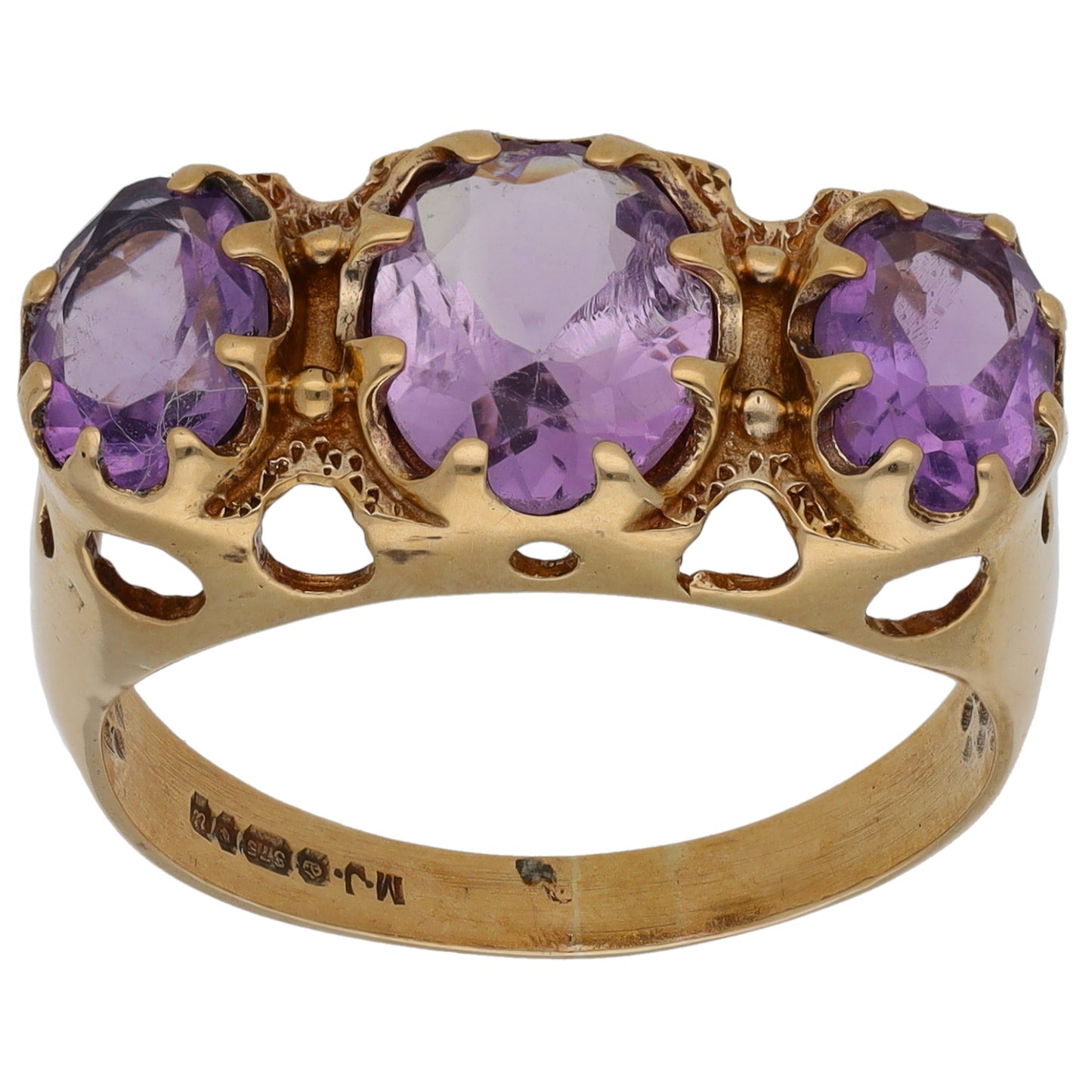 9ct Gold Amethyst Trilogy Ring Size R