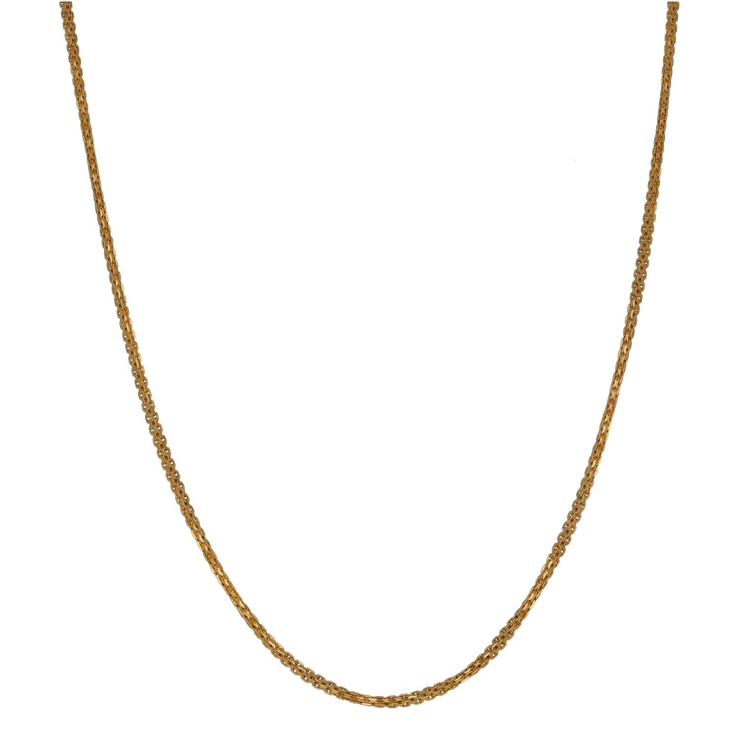 Gold bead-link chain necklace with rounded silhouette, no pendant visible