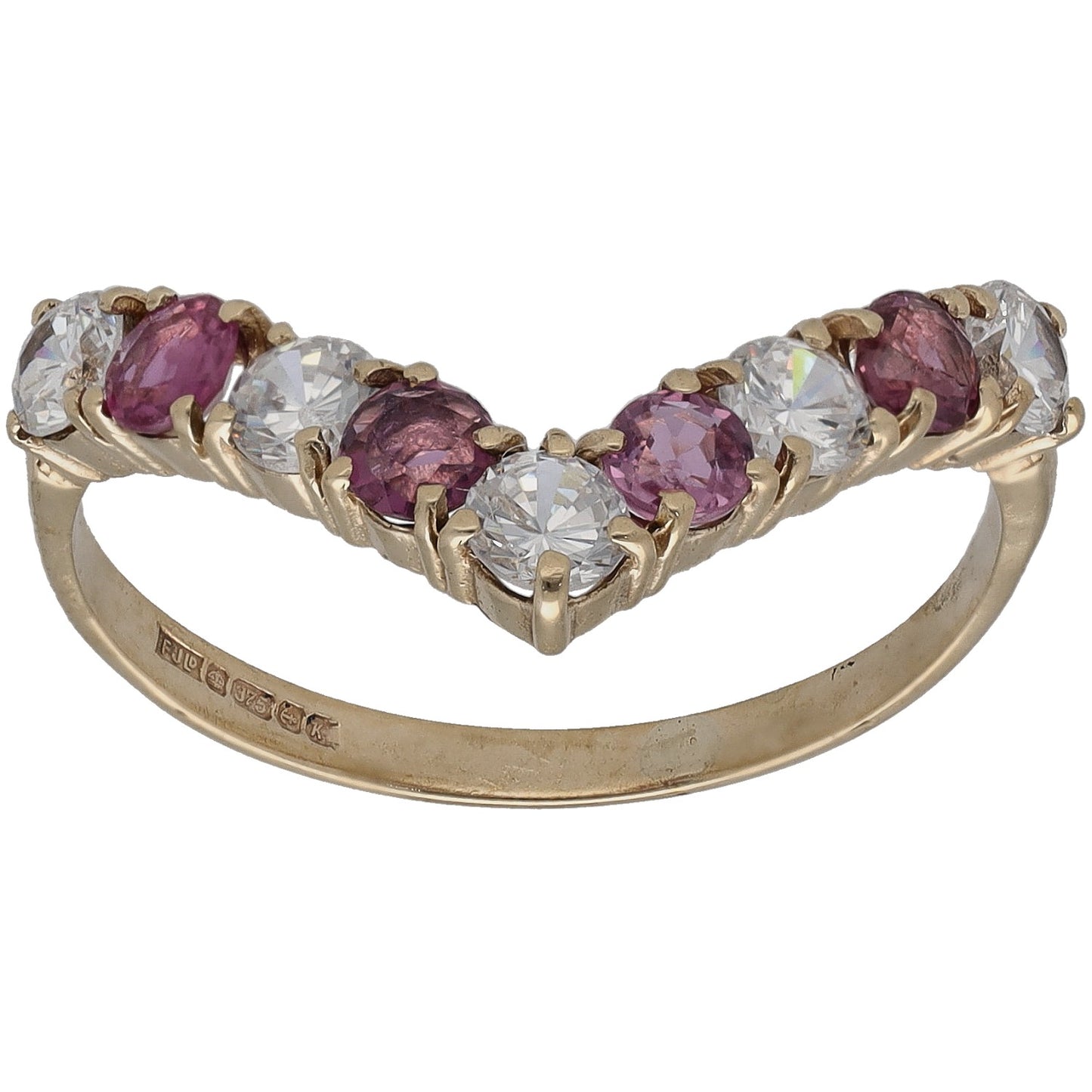 Gold wishbone ring with oval purple ruby center and clear CZ side stones