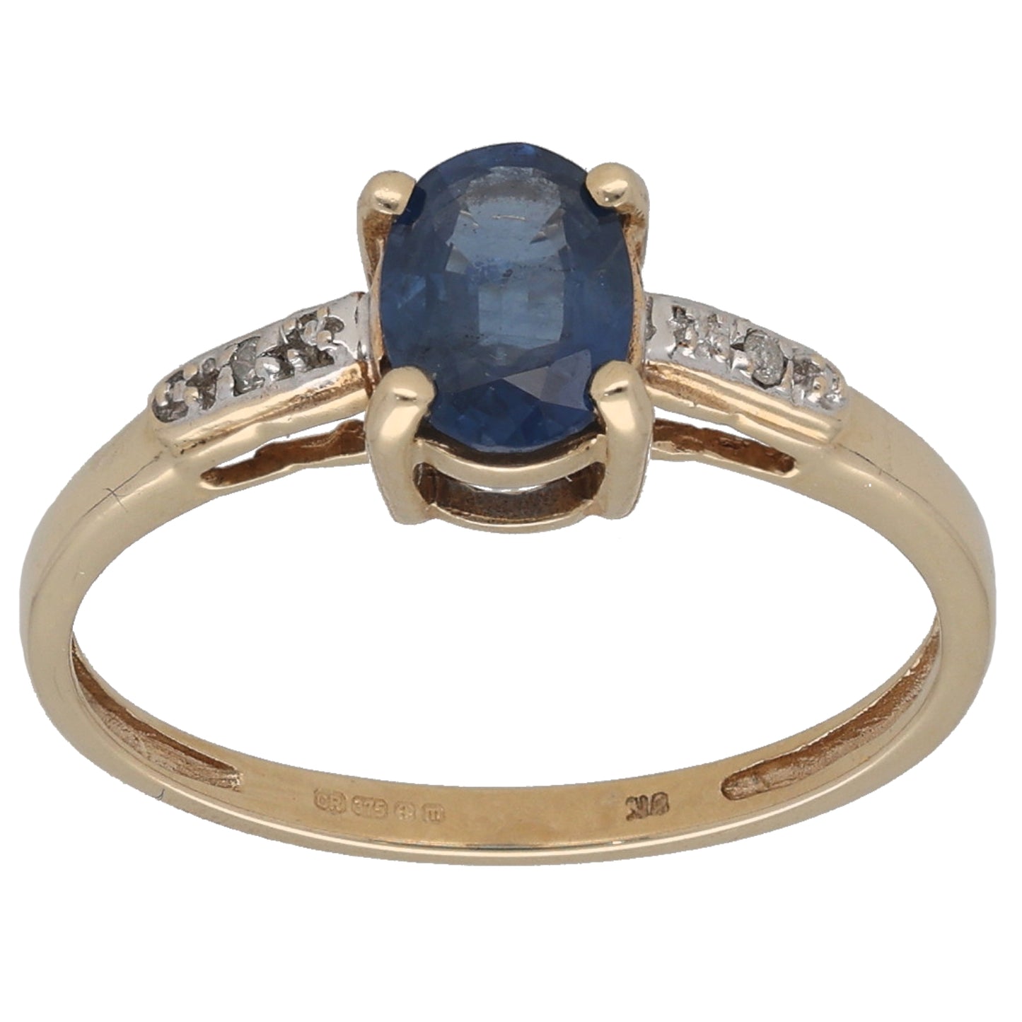 9ct Gold Sapphire & 0.01ct Diamond Single Stone Ring with Accent Stones Size N