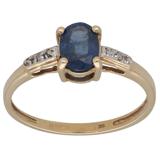 9ct Gold Sapphire & 0.01ct Diamond Single Stone Ring with Accent Stones Size N
