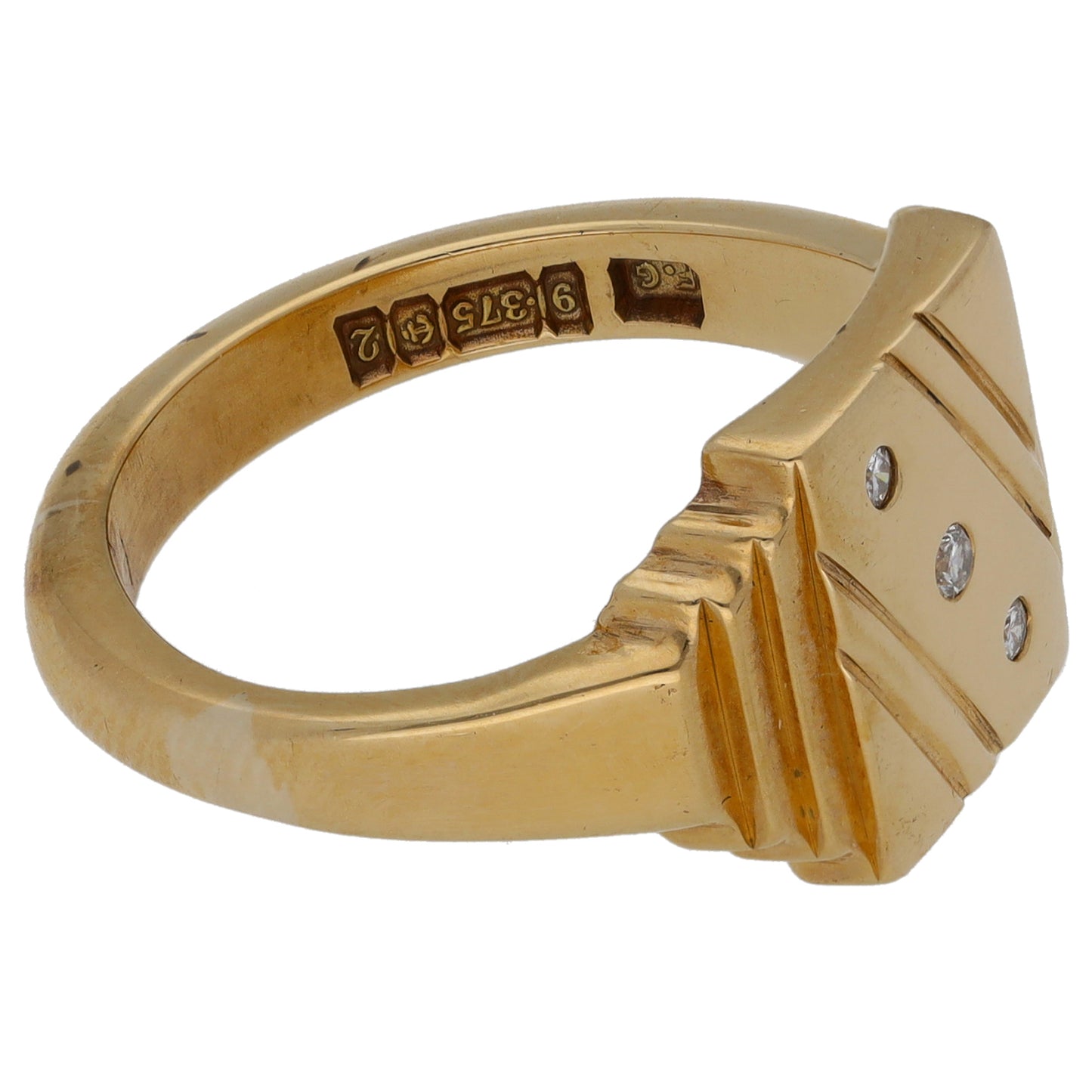 9ct Gold 0.03ct Diamond Patterned Signet Ring Size Q