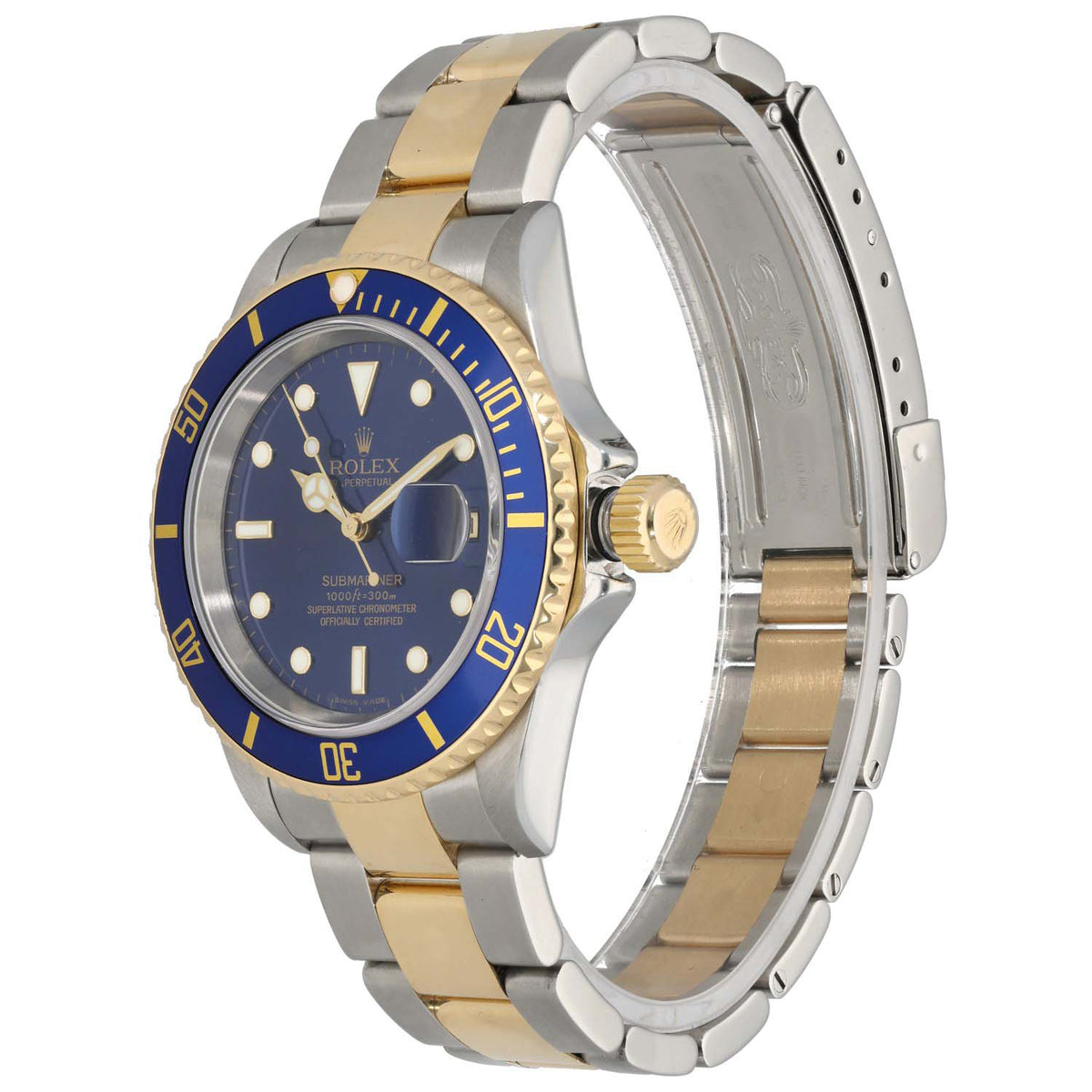 Rolex bi-colour Submariner wristwatch side view with blue dial and steel/gold case