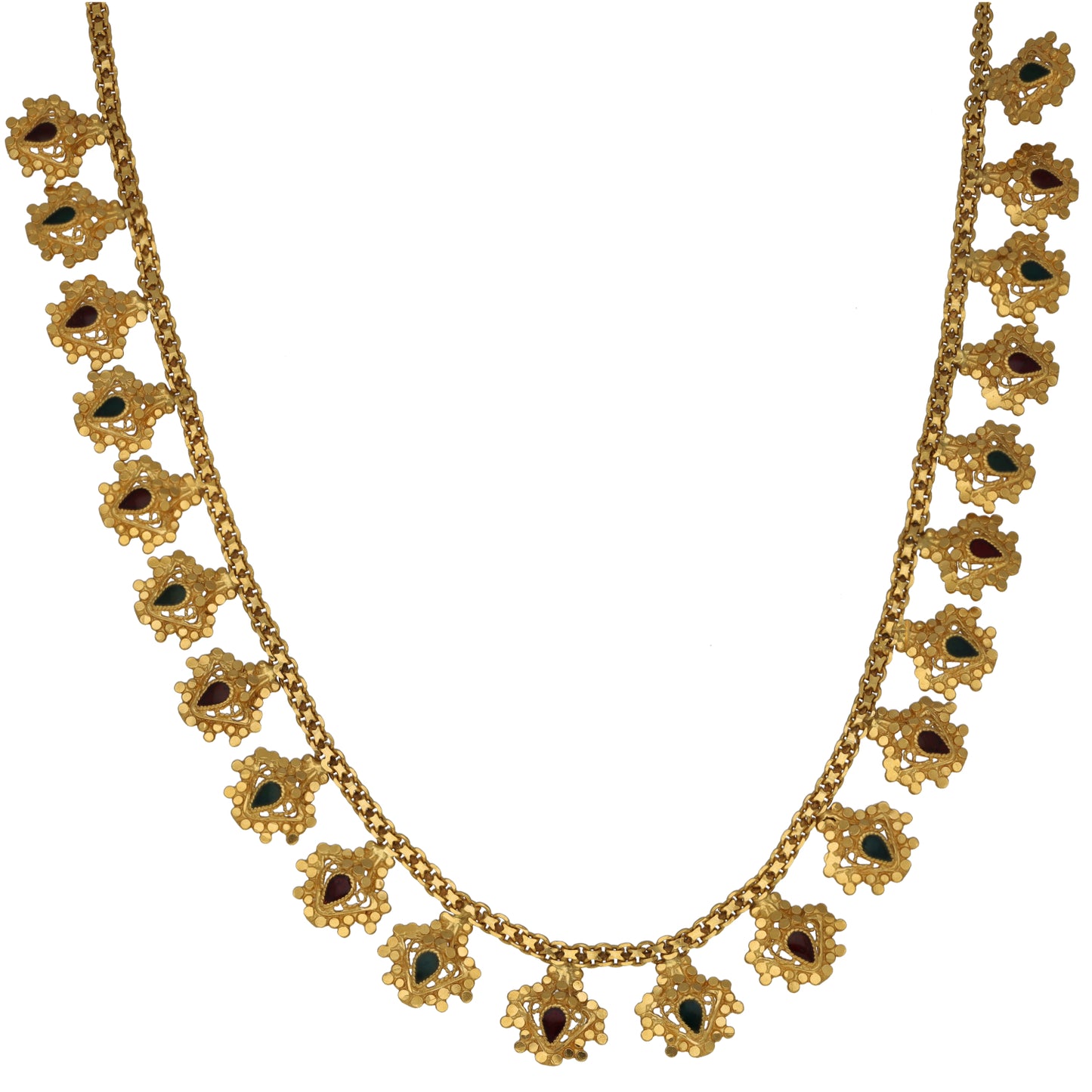Yellow gold fancy necklace with linked clover-like charm drops along the chain