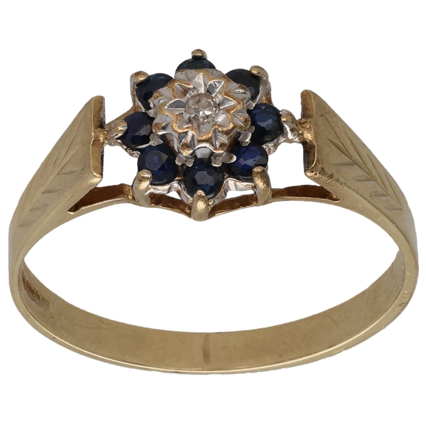 9ct Gold Sapphire & 0.01ct Diamond Cluster Ring Size O