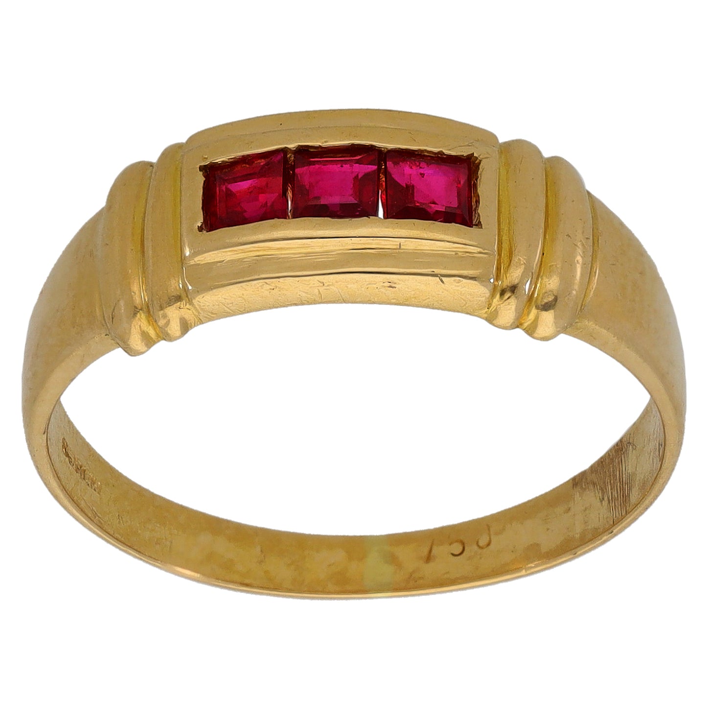 18ct Gold Man Made Ruby Three Stone Ring Size P
