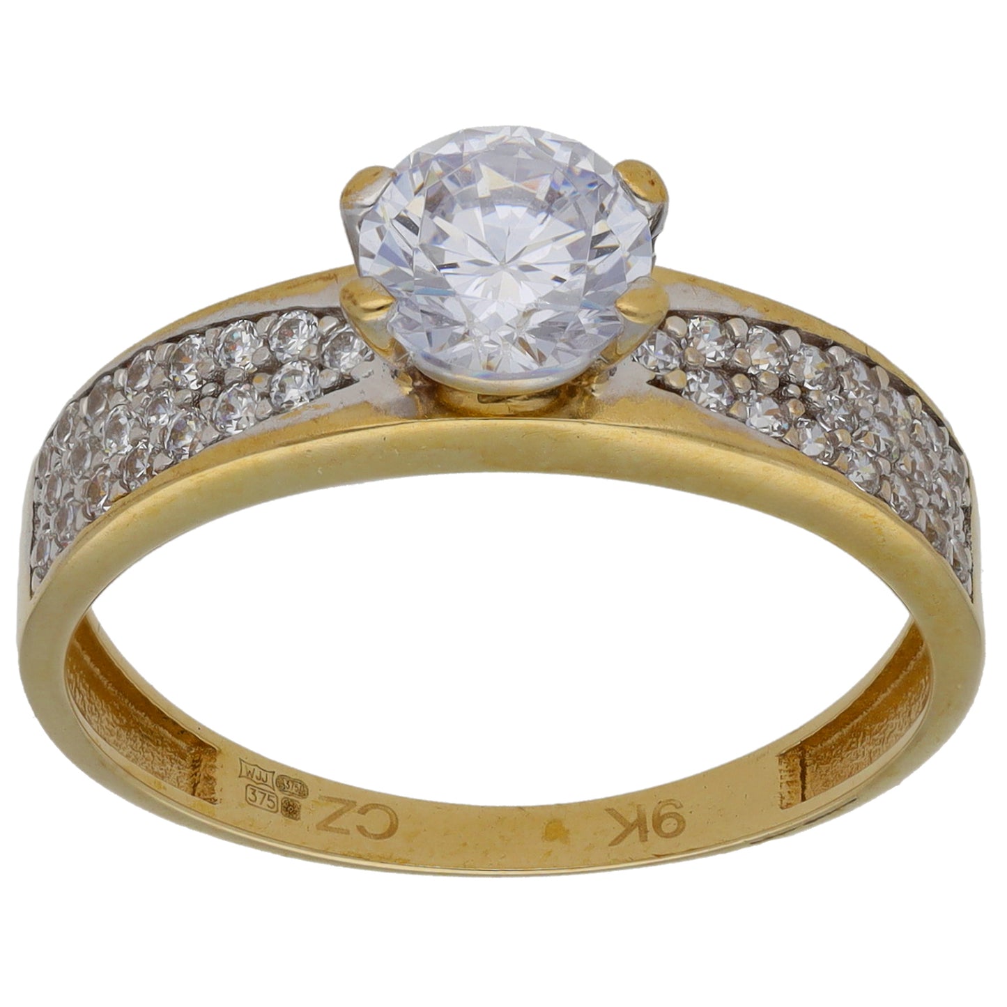 9ct Gold Cubic Zirconia Single Stone Ring with Accent Stones Size T