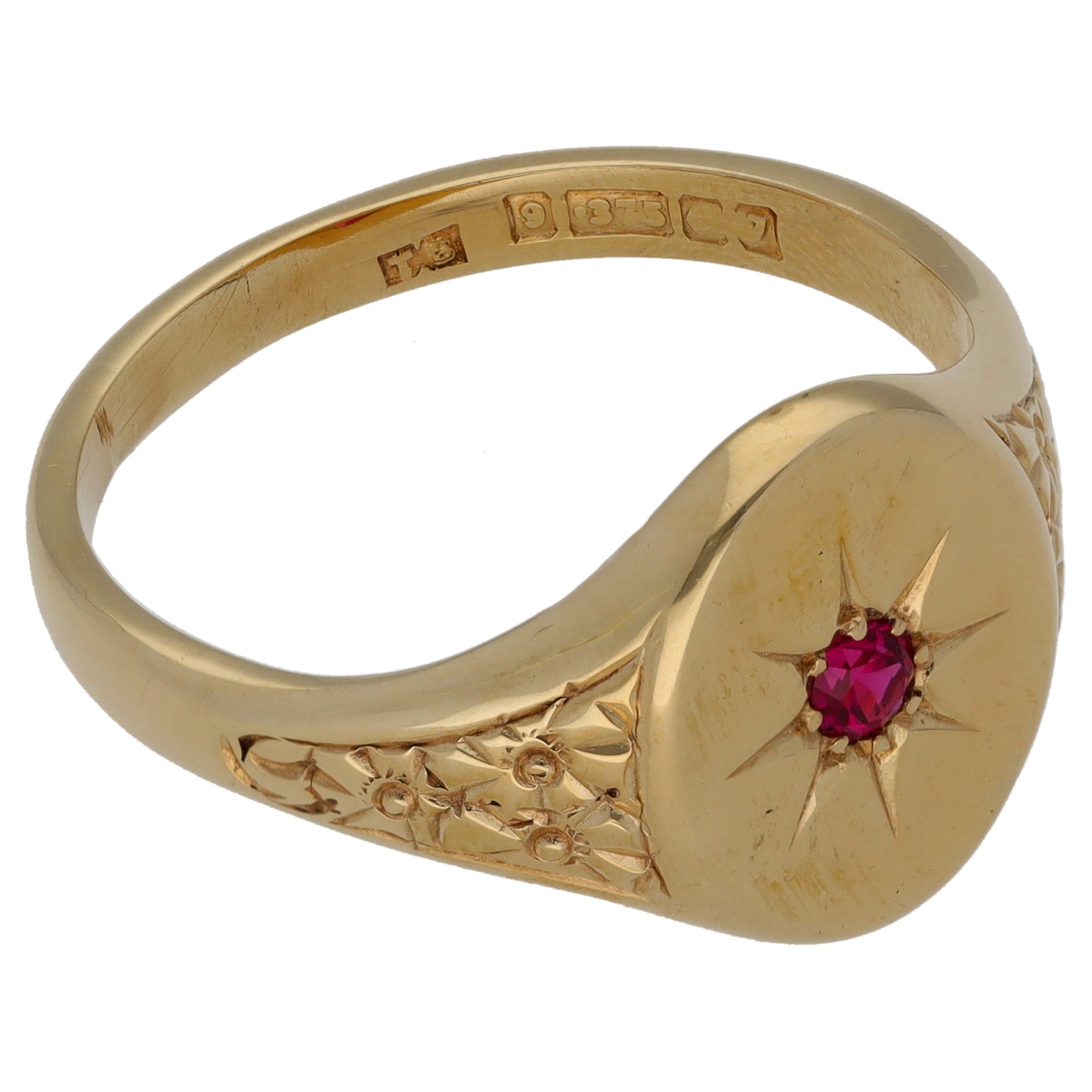 9ct Gold Man Made Ruby Single Stone Patterned Signet Ring Size W