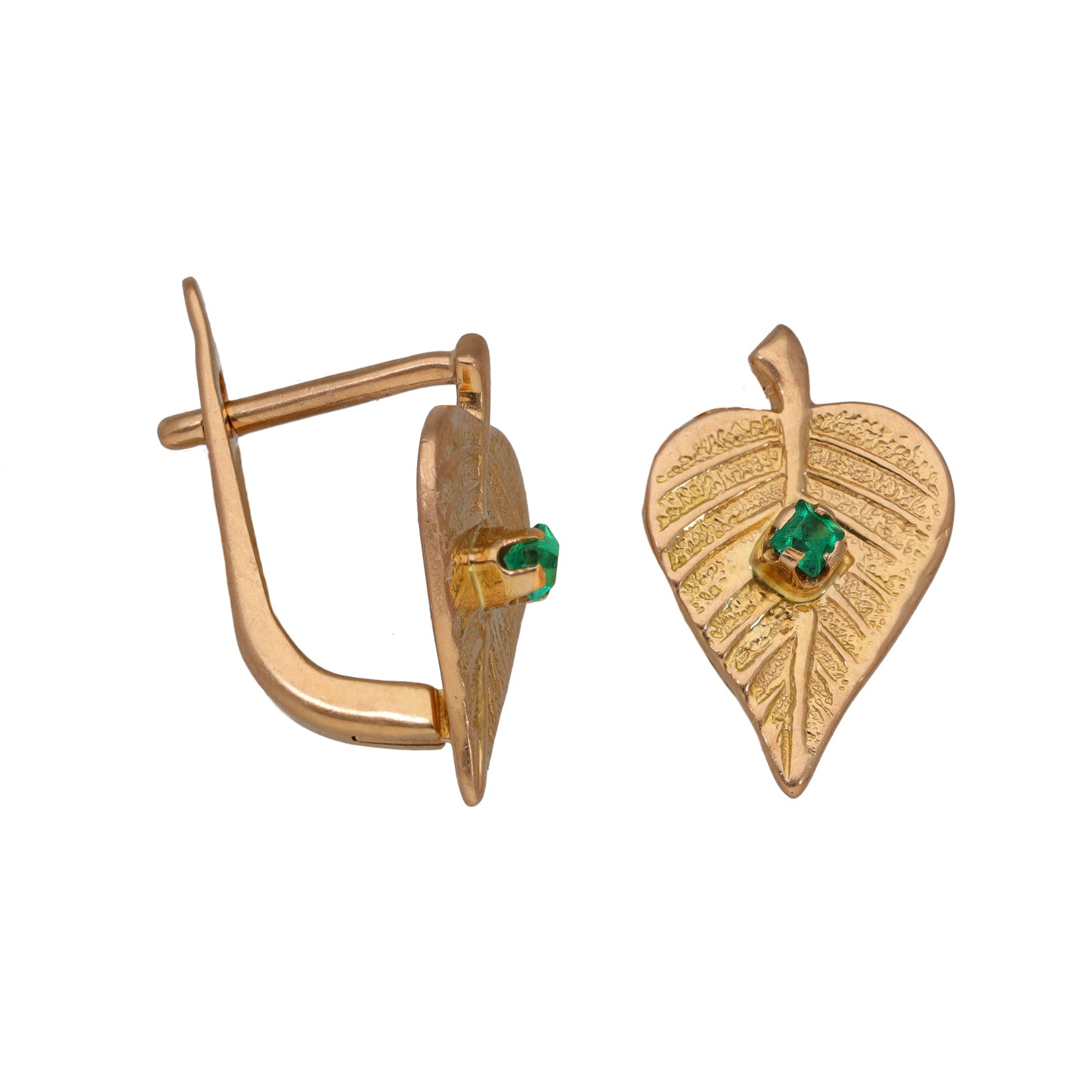 14ct Rose Gold Man Made Emerald Leaf Earrings