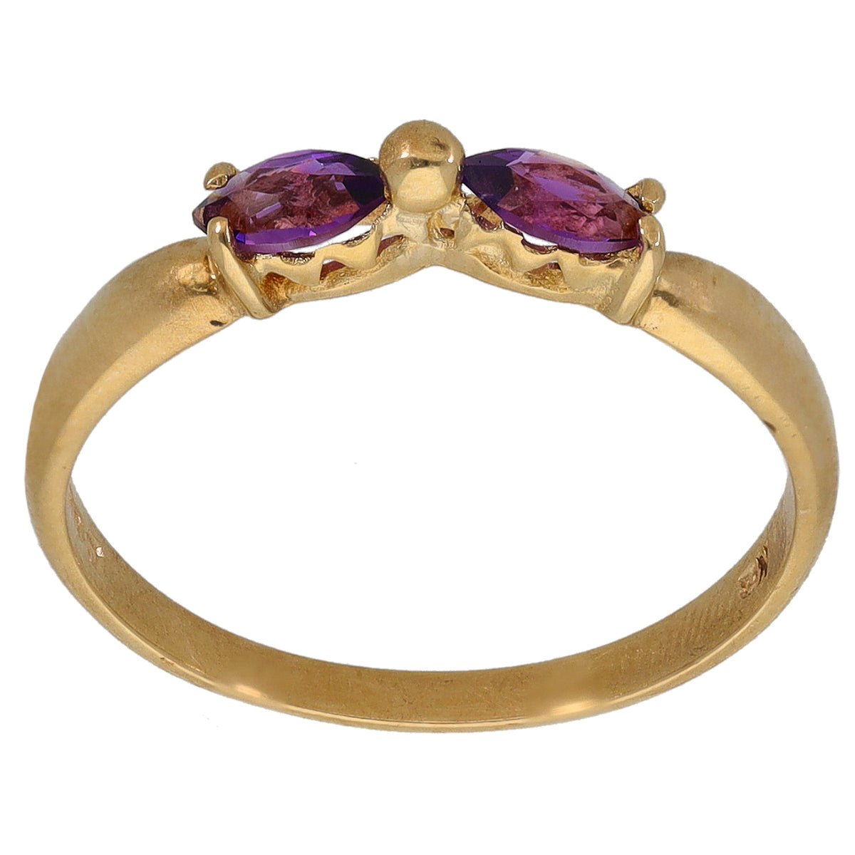9ct gold amethyst two-stone ring, size L, oval purple stones in gold settings
