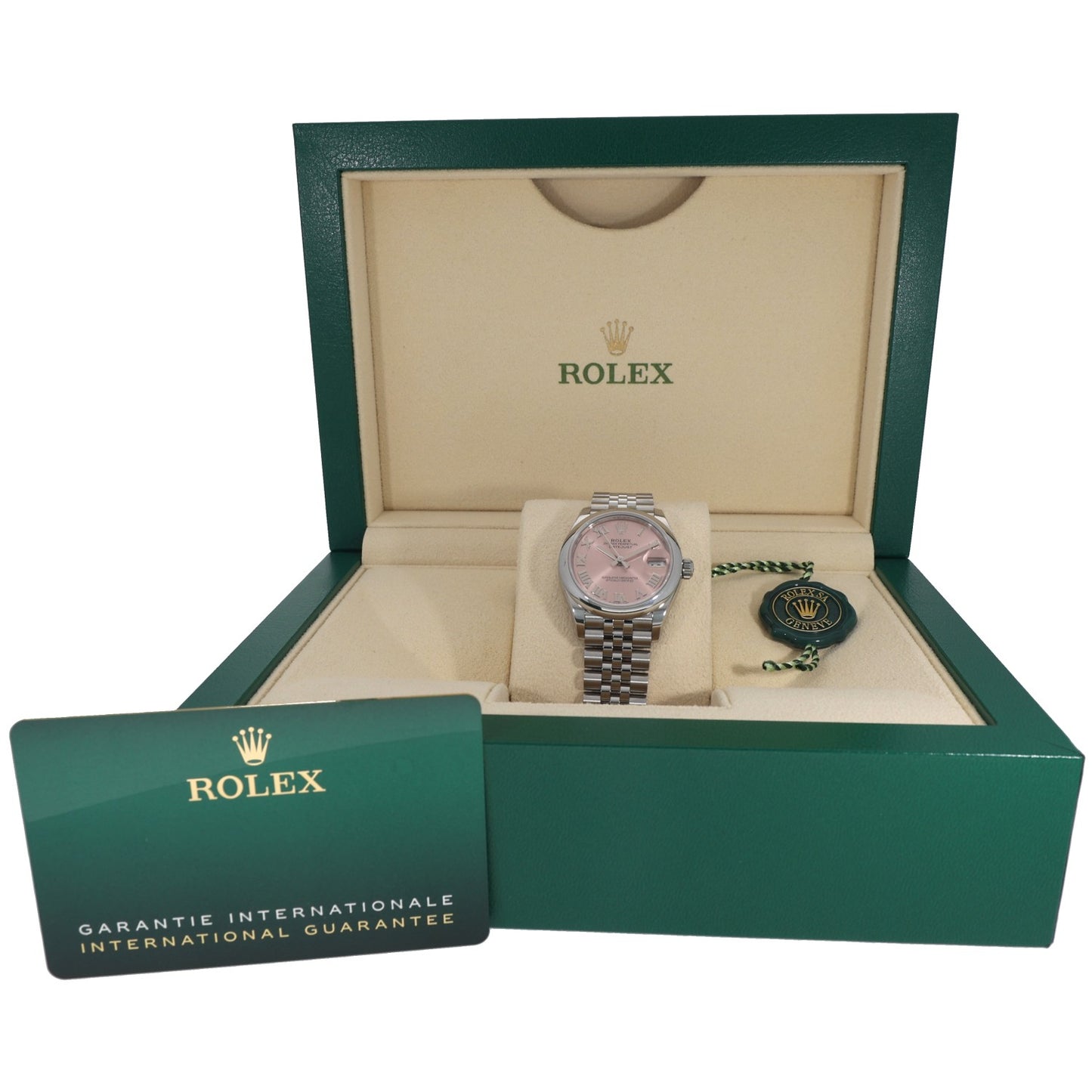 Rolex Datejust 278240 watch in green presentation box with cushion and stainless steel bracelet