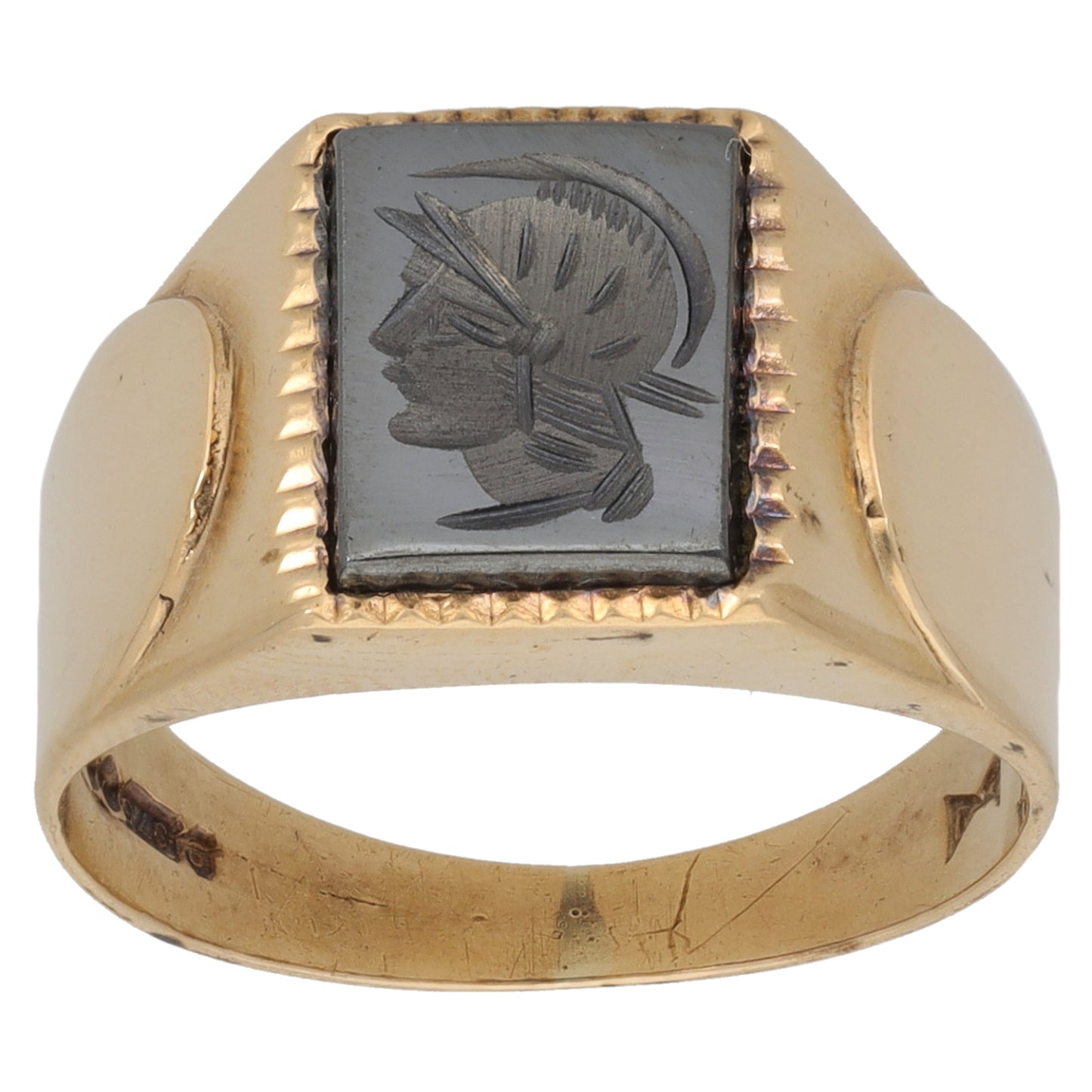 9ct Gold Hematite Patterned Signet Ring Size O