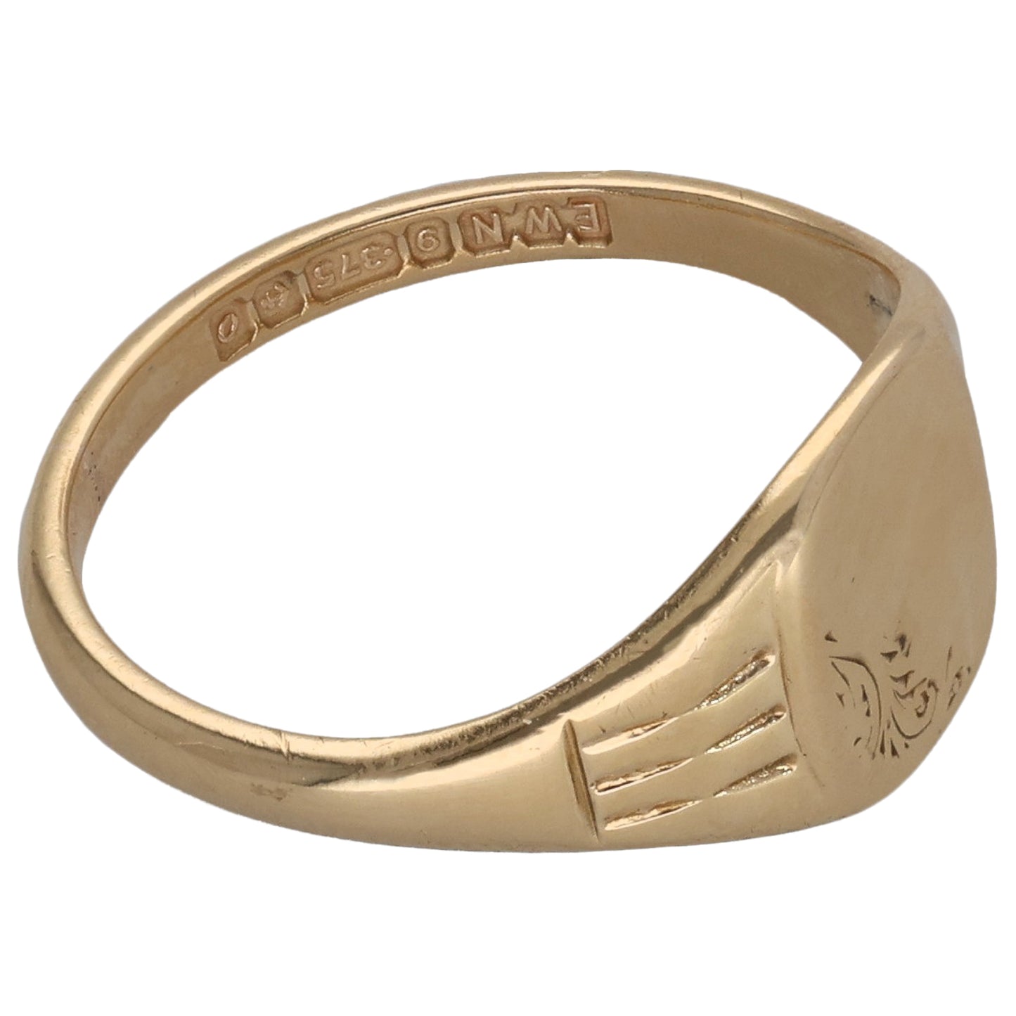 9ct gold signet ring side view with engraved band marks and wing motifs