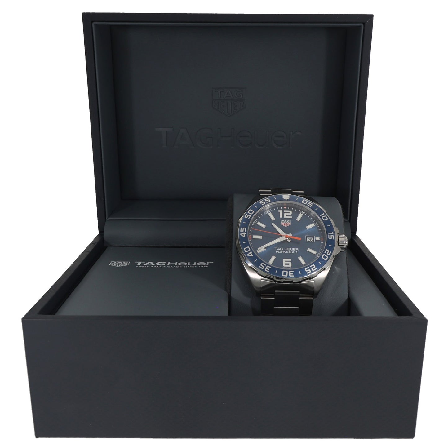 Tag Heuer Formula 1 WAZ1010, blue dial and bezel in 43mm stainless steel case in manufacturer box.