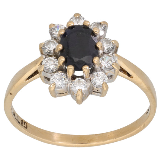 9ct Gold Sapphire & Cubic Zirconia Cluster Ring Size Q