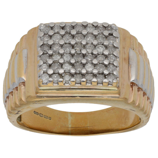 9ct Bi-Colour Gold 1.26ct Diamond Patterned Signet Ring Size Z