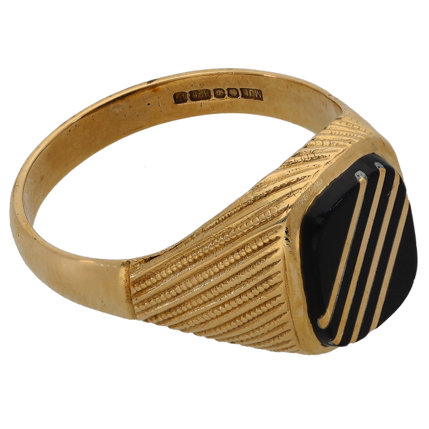 9ct Gold Onyx Patterned Single Stone Signet Ring Size V