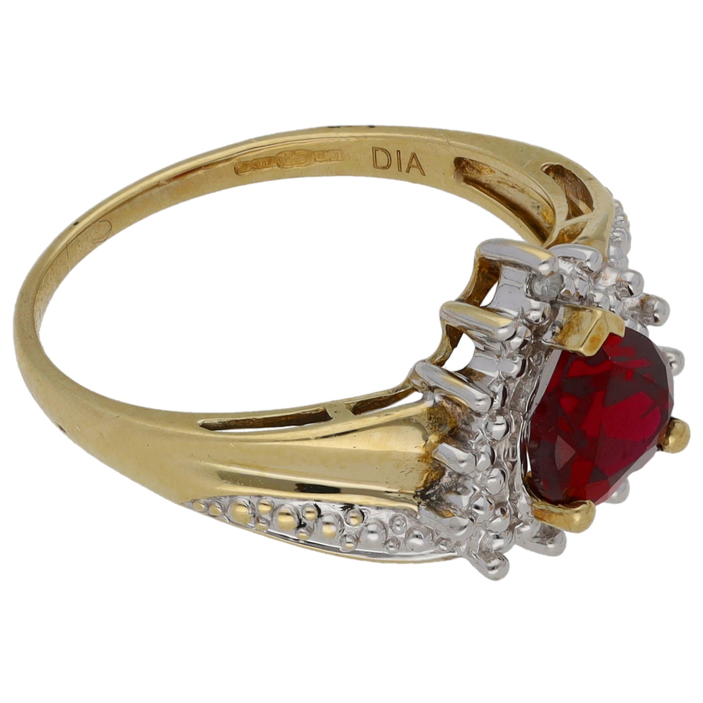 9ct Gold Man Made Ruby & 0.015ct Diamond Claddagh Ring Size L