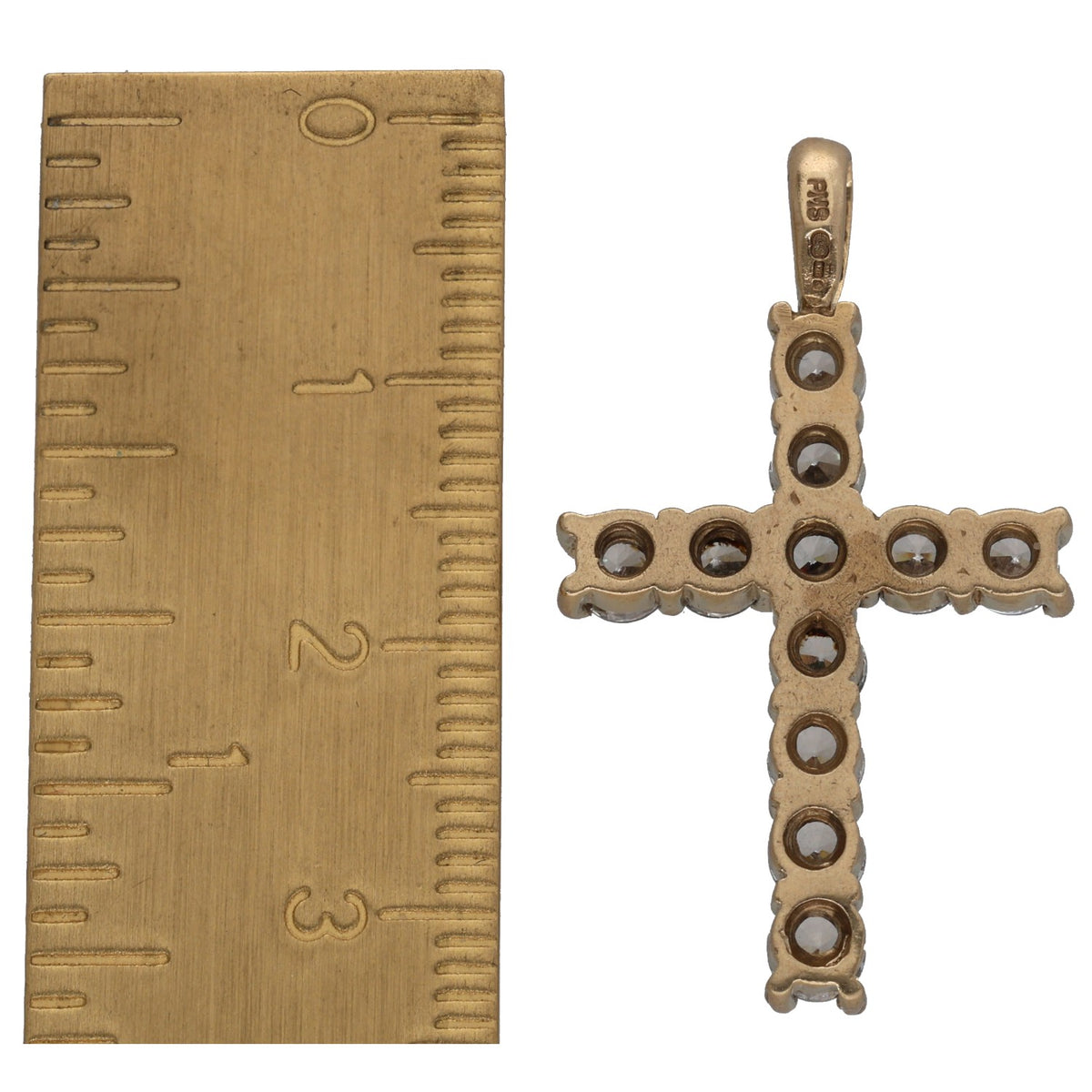 Gold CZ cross pendant charm with round stones and top bail, side view