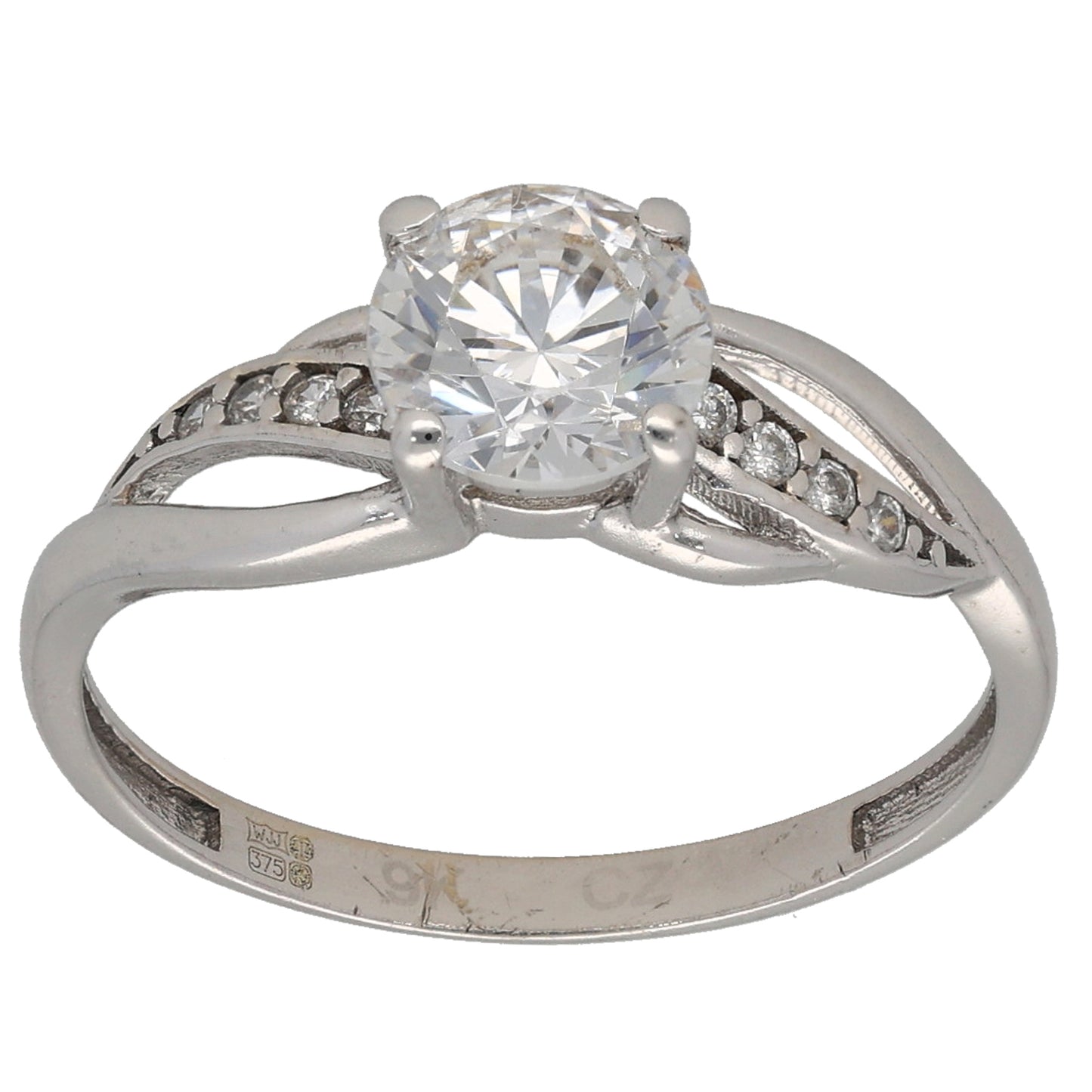 9ct White Gold Cubic Zirconia Single Stone Ring with Accent Stones Size O