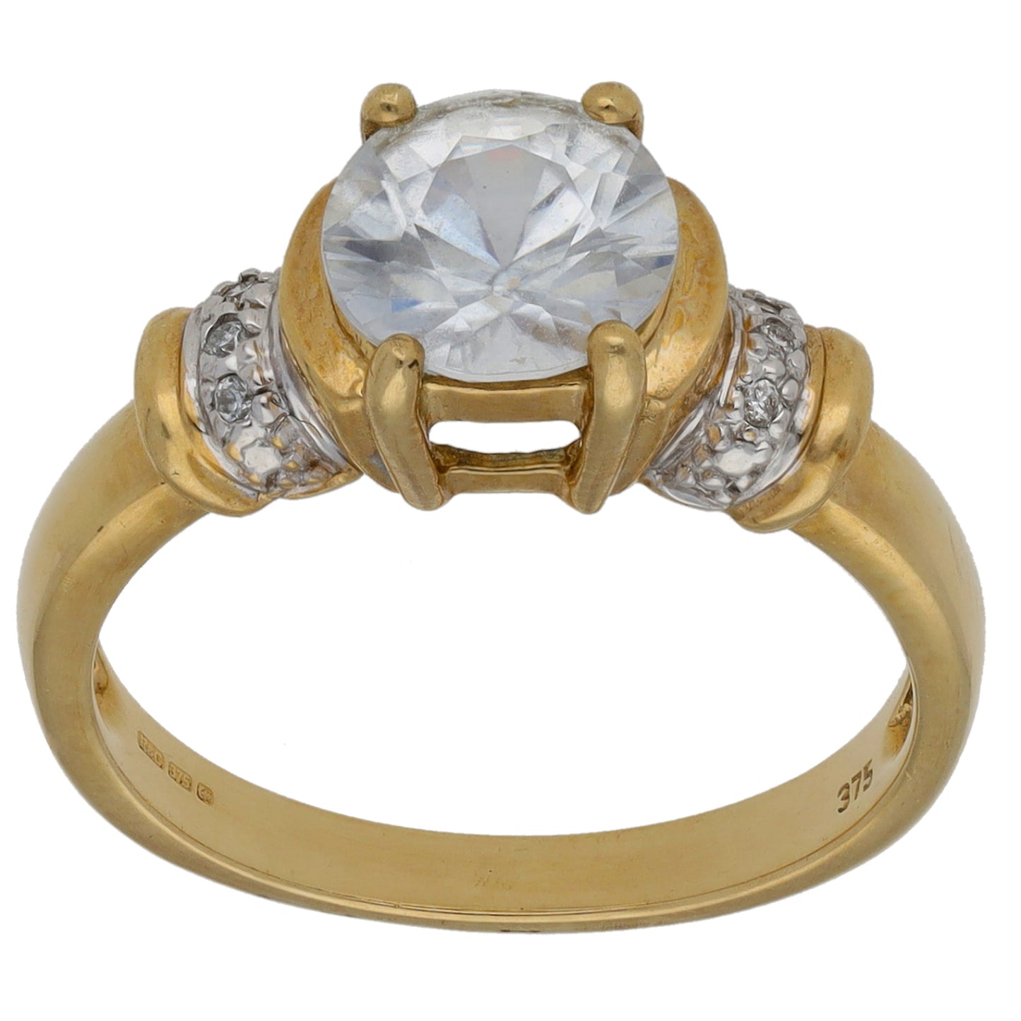 9ct Gold Cubic Zirconia Single Stone Ring with Accent Stones Size N