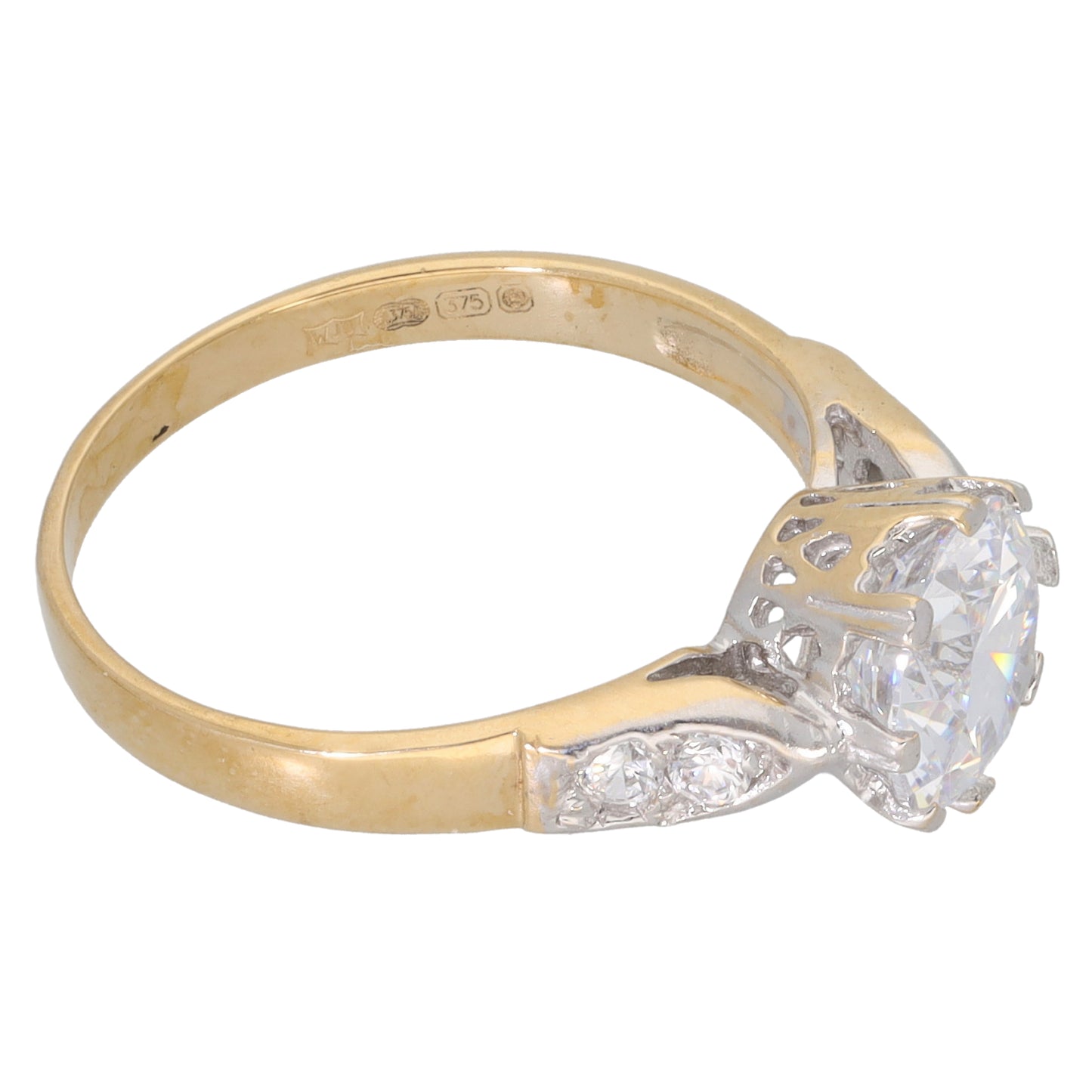 9ct Gold Cubic Zirconia Single Stone Ring with Accent Stones Size N