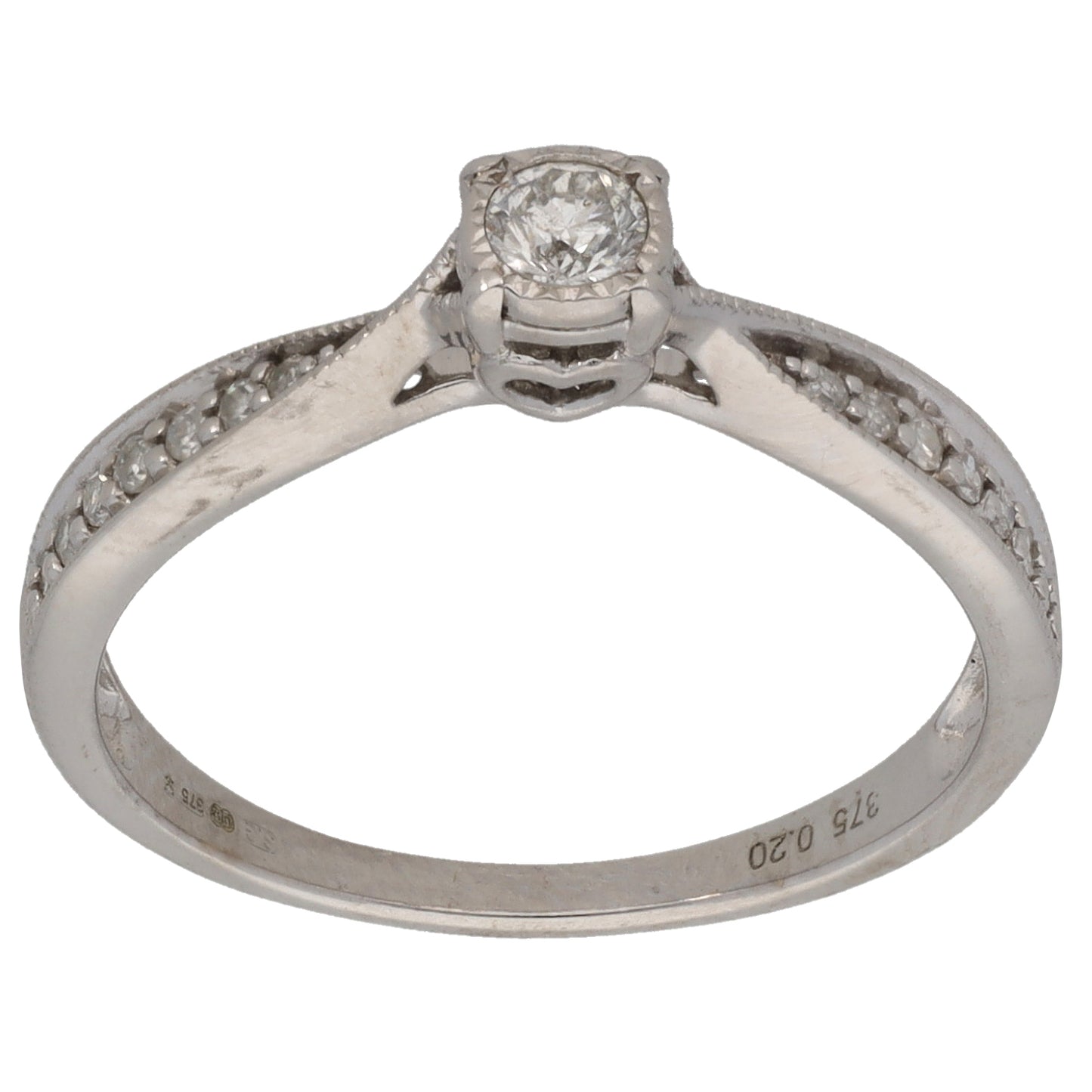 9ct White Gold 0.20ct Diamond Solitaire Ring With Accent Stones Size N
