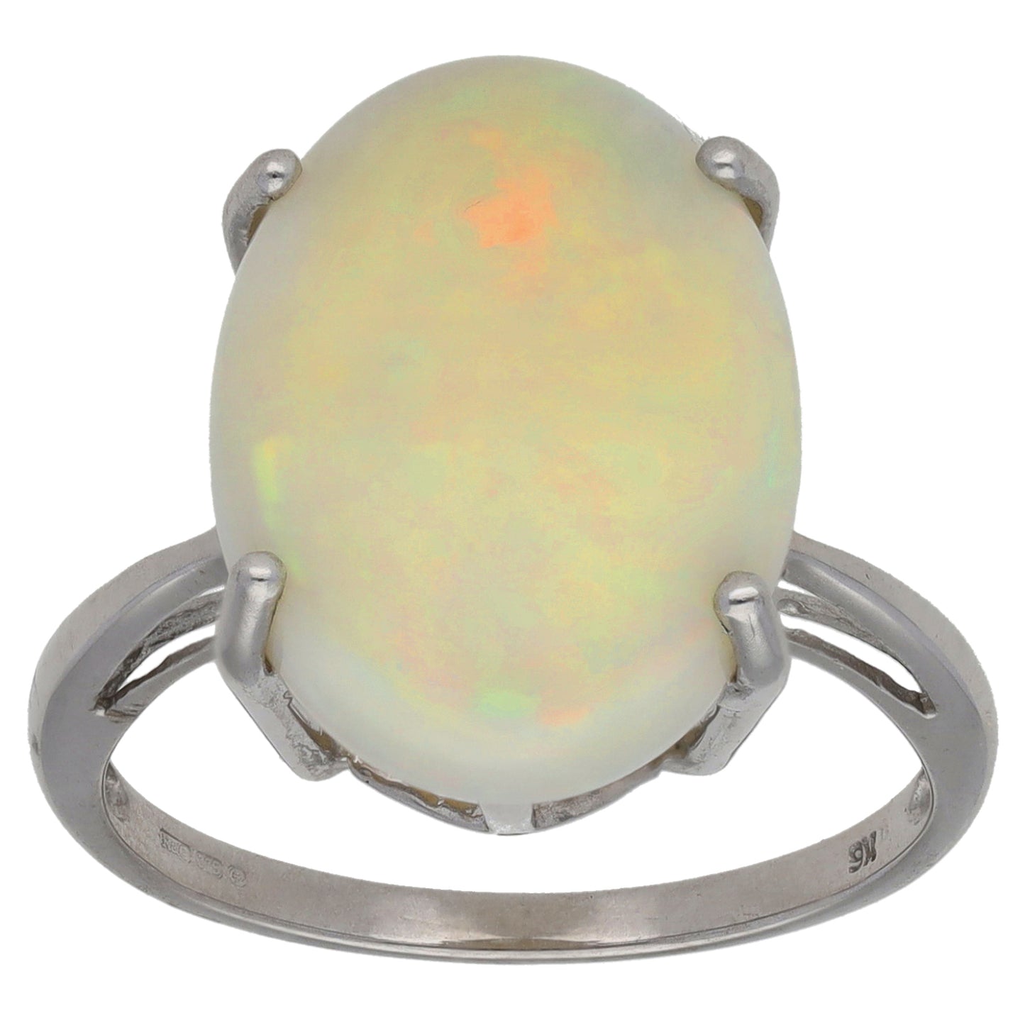 9ct White Gold Opal Single Stone Ring Size N
