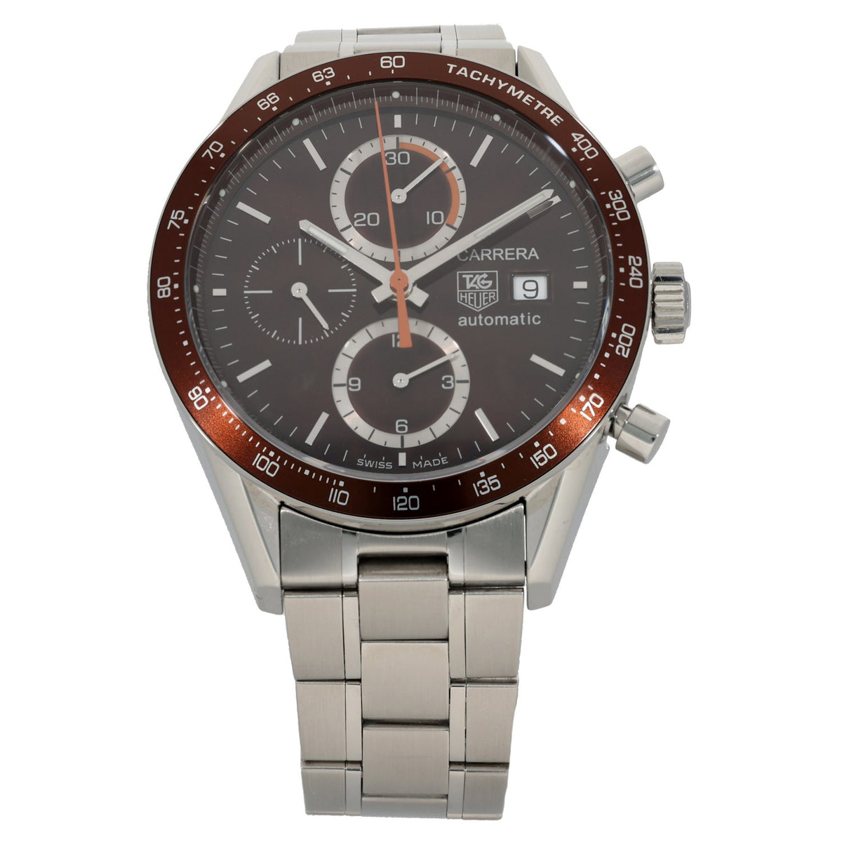 Tag Heuer Carrera CV2013, with a brown dial and bezel showing a tachymeter, front
