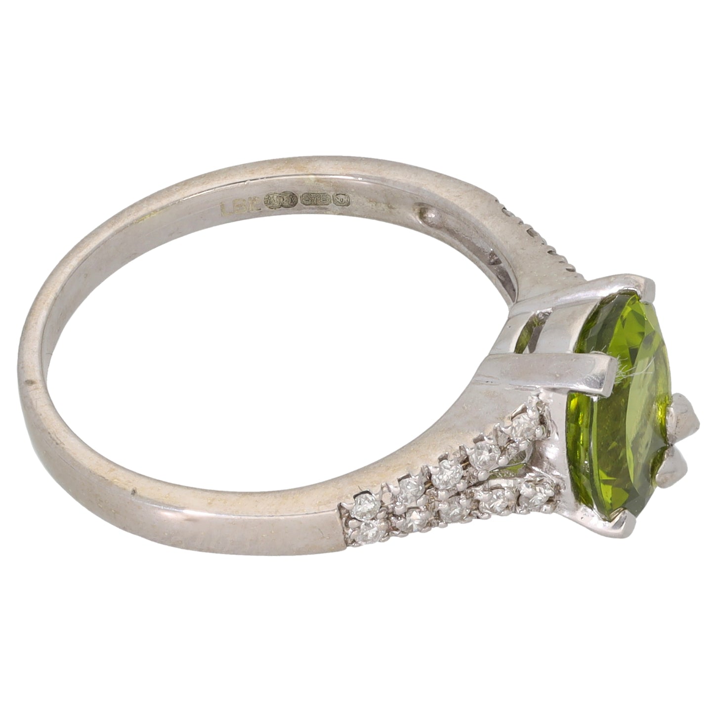 9ct Gold Peridot & 0.20ct Diamond Single Stone Ring with Accent Stones Size R