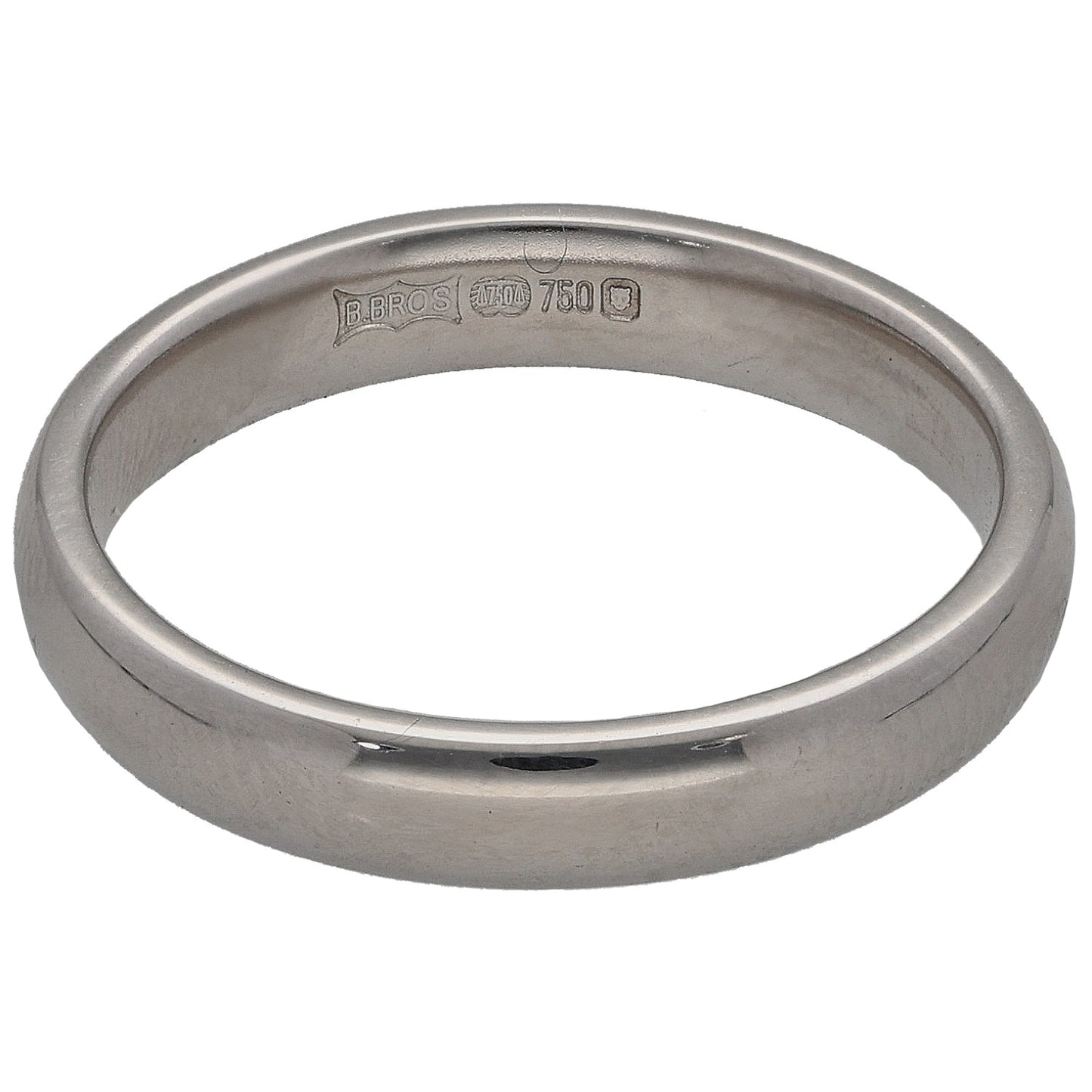 18ct white gold plain wedding ring with inner hallmark stamp, smooth polished band