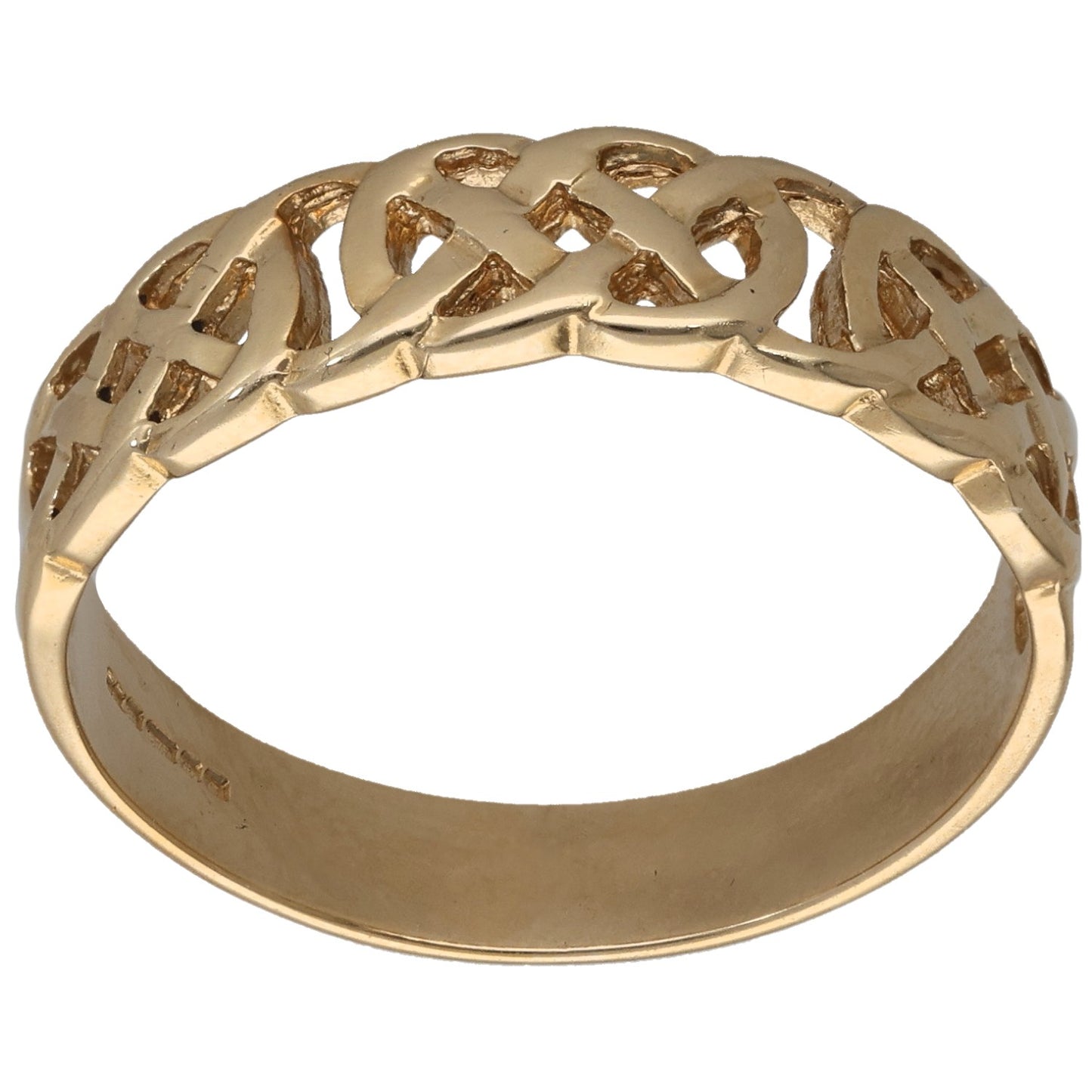 Gold tone ring, size Y, Celtic-style cutout band with raised knot detail