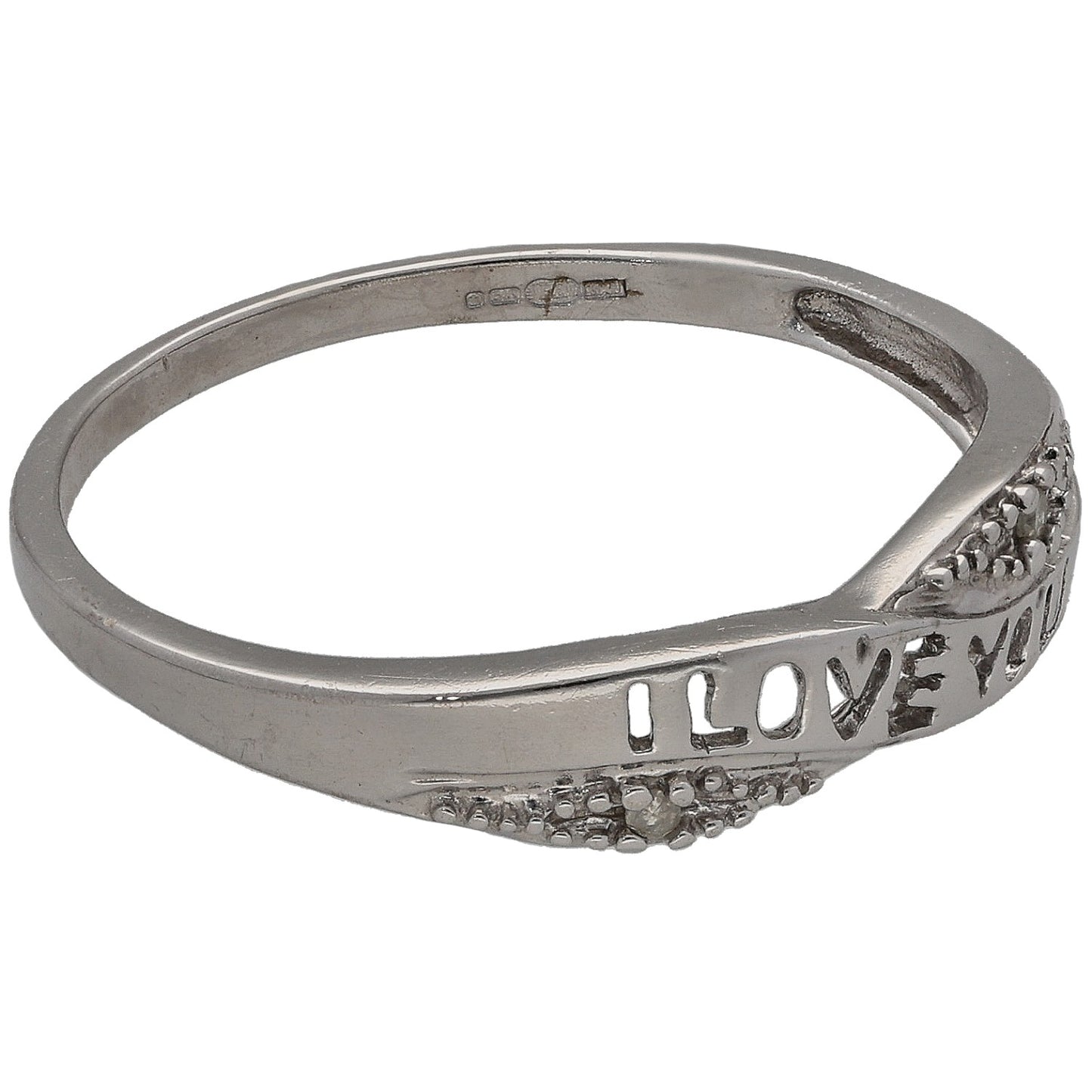 9ct White Gold 0.01ct Diamond Word Ring Size P