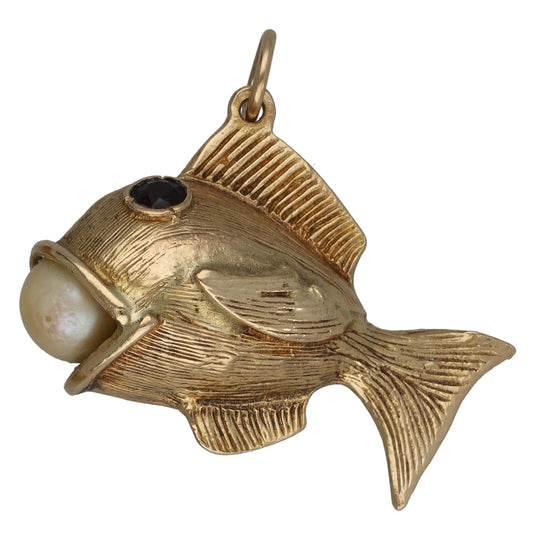 9ct Gold Garnet & Cultured Pearl Fish Pendant