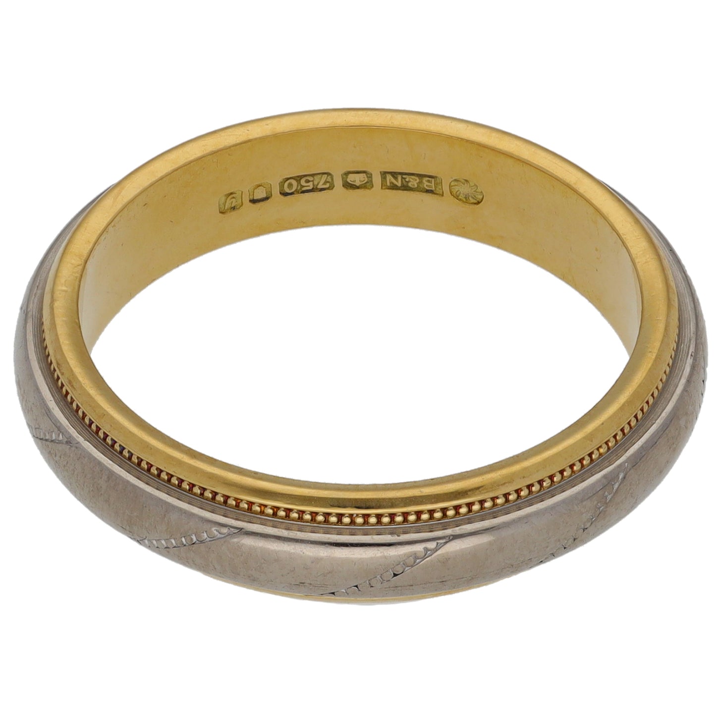 18ct Bi-Colour Gold Patterned Wedding Ring Size Q