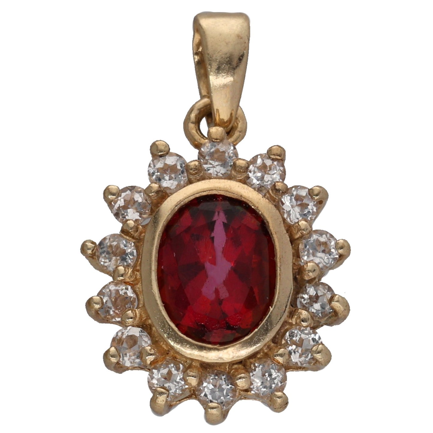 Gold-tone pendant with oval red gemstone center and halo of clear stones