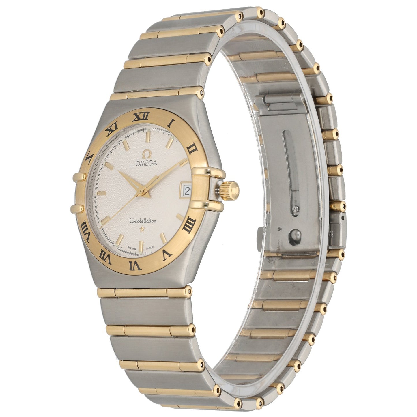 Omega Constellation 1212.30.00, cream dial with a gold and stainless steel bezel and bracelet, front angle image