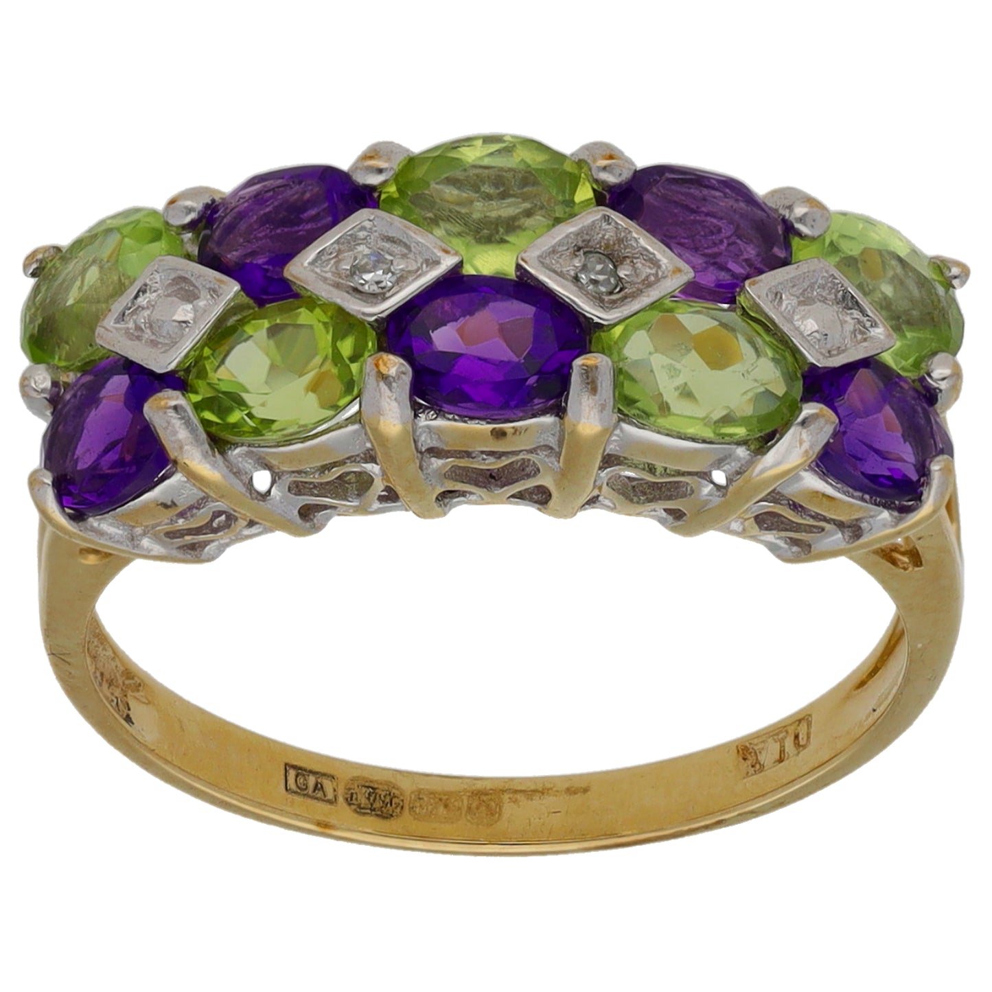 9ct Gold Amethyst, Peridot & 0.01ct Diamond Dress/Cocktail Ring Size K