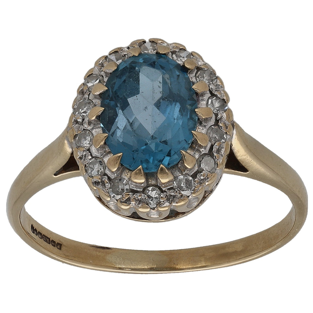 9ct gold ring with round blue topaz center and diamond halo, prong-set