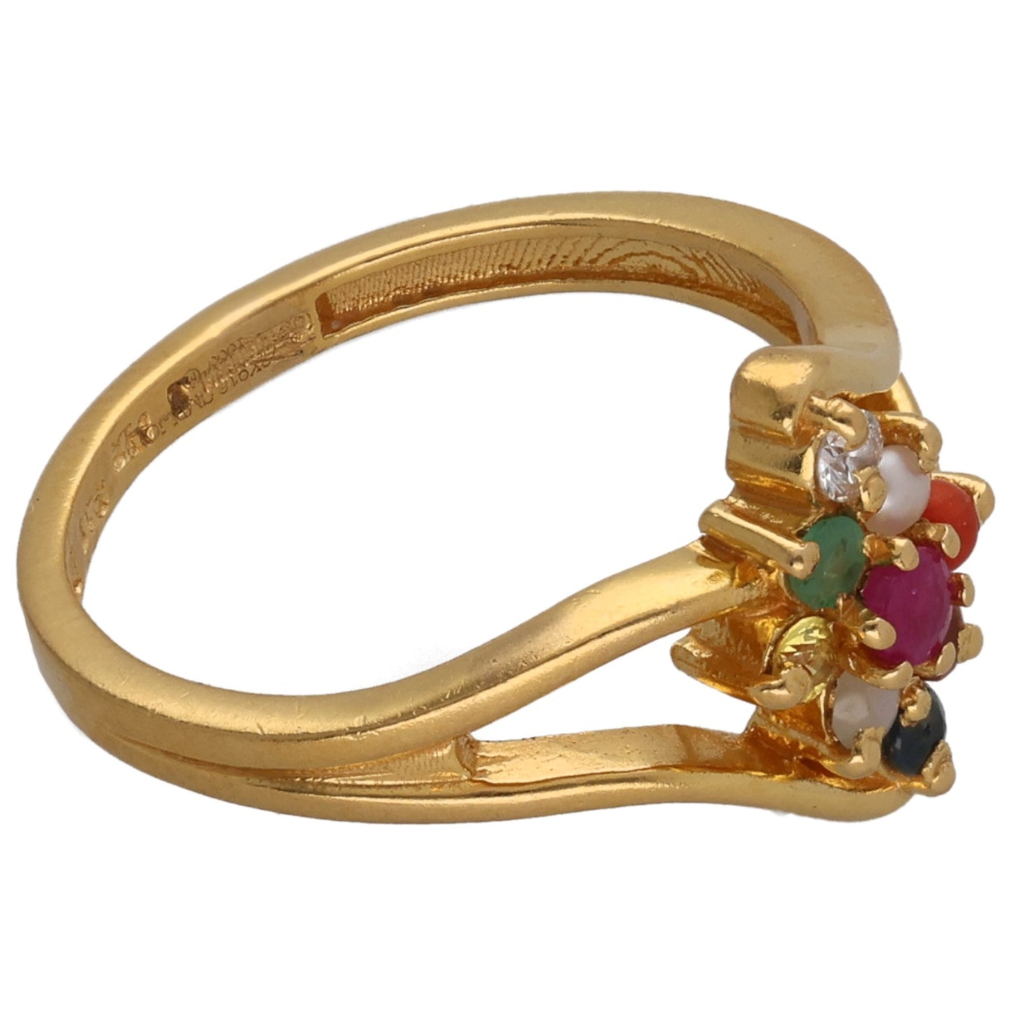 22ct Gold Pearl, Ruby, Emerald, Sapphire, Garnet, Coral & 0.02ct Diamond Dress/Cocktail Ring Size K