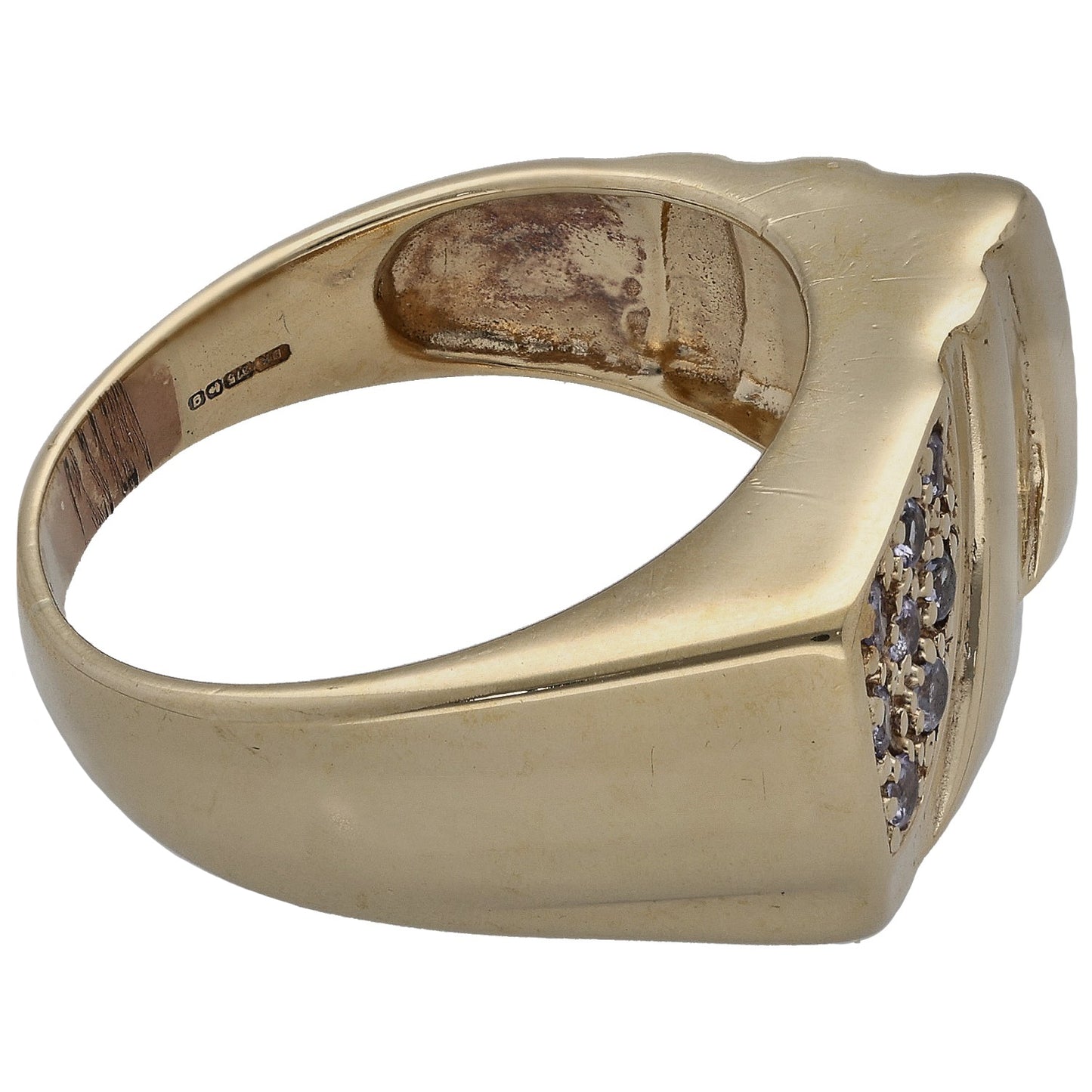 9ct gold signet ring with purple stone detail on side, smooth band