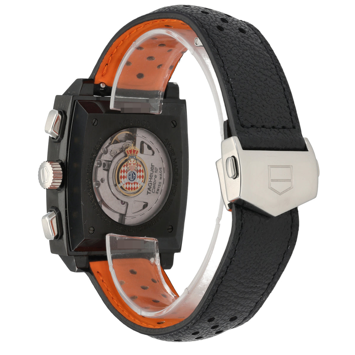 Tag Heuer Monaco CAW211M rear view watch with black perforated leather strap and orange bezel