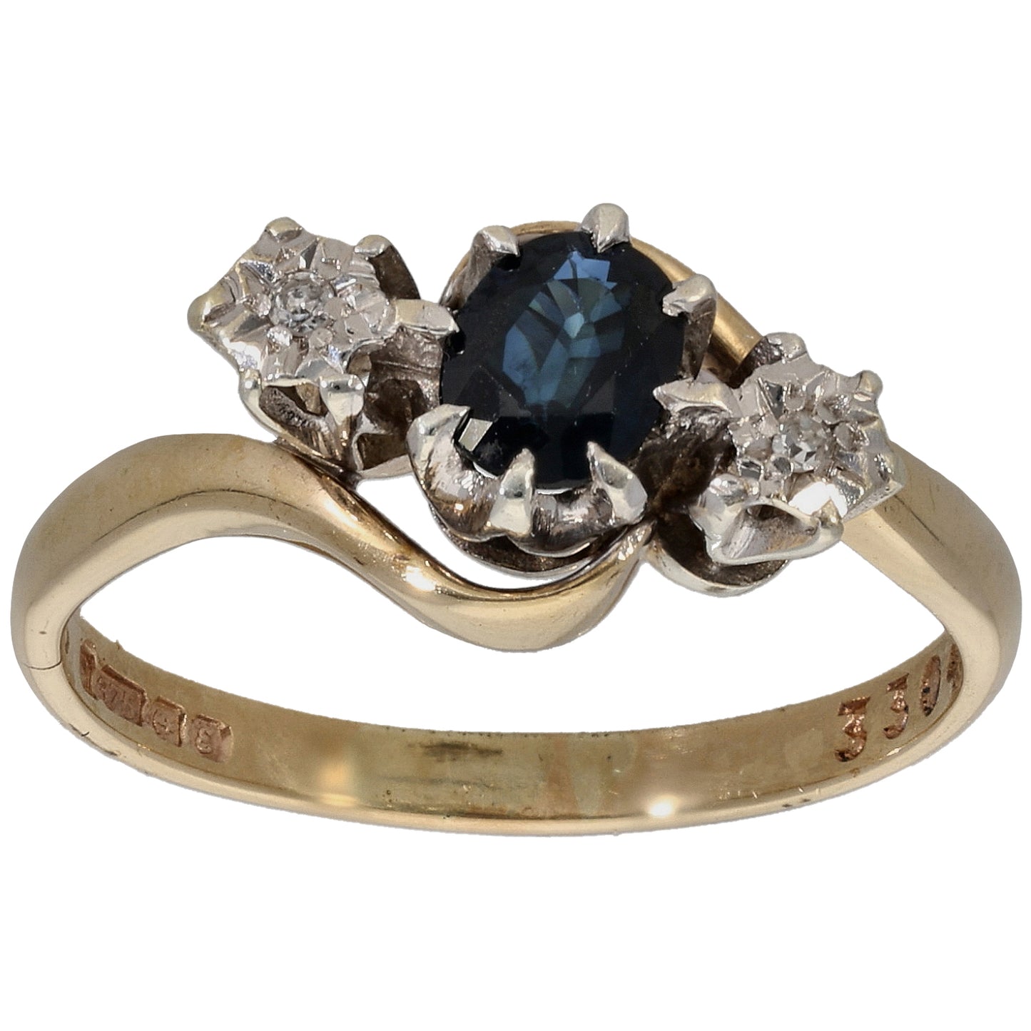 9ct Bicolour Gold Sapphire & 0.02ct Diamond Trilogy Ring Size N
