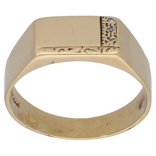 9ct Gold 0.015ct Diamond Patterned Signet Ring Size U